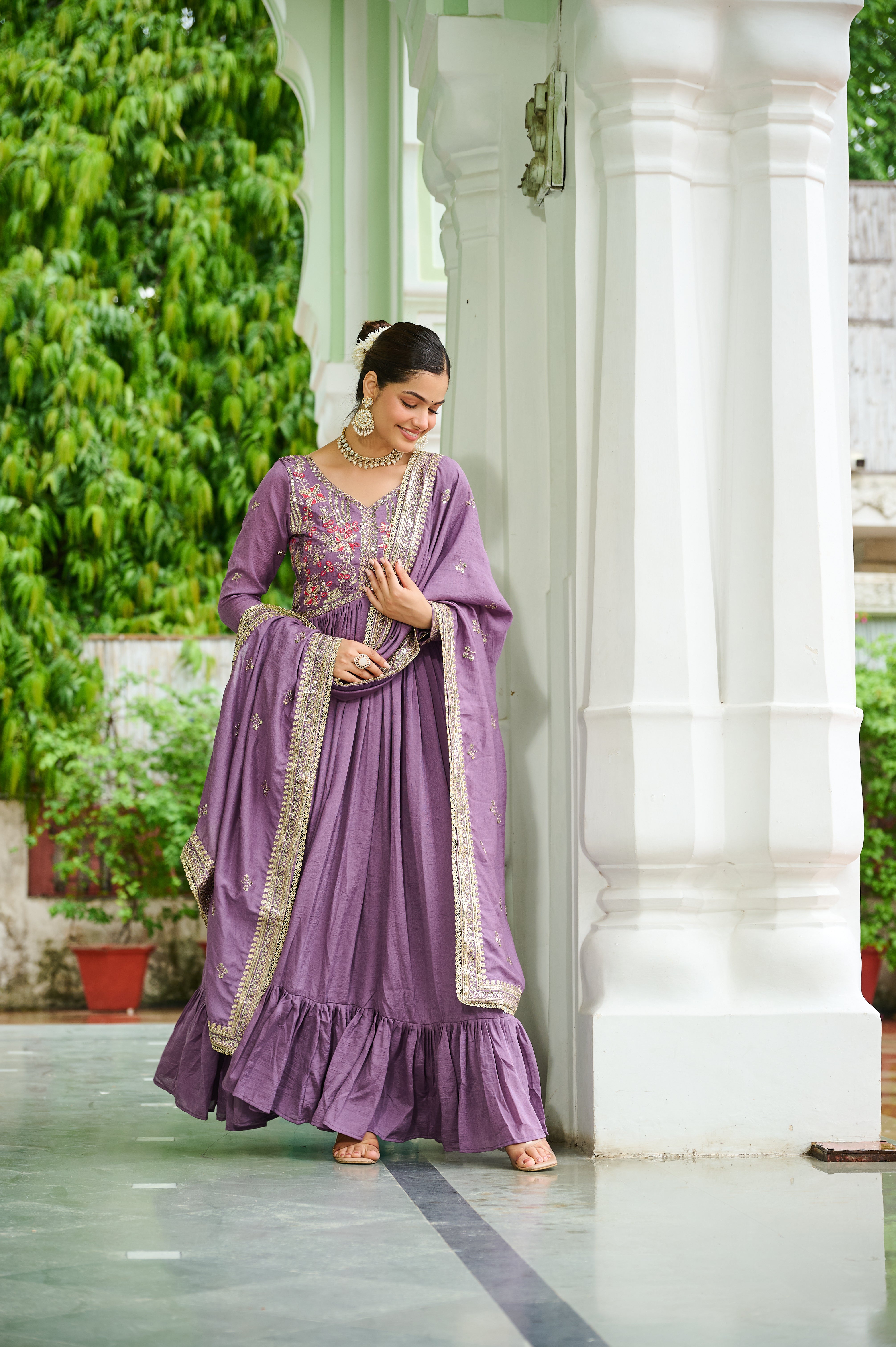 Silk Floral Embroidered Flared Gown With Dupatta