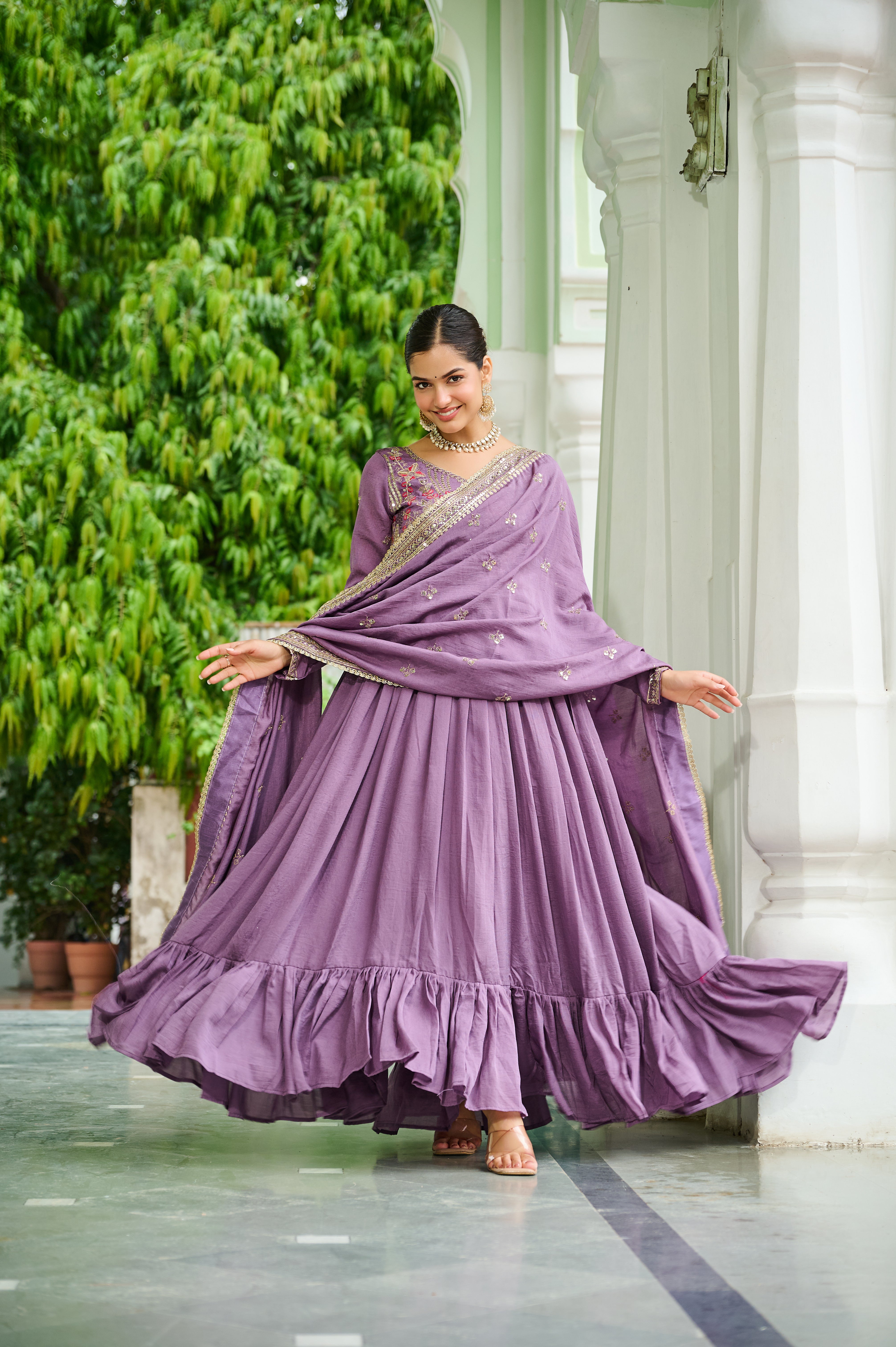 Silk Floral Embroidered Flared Gown With Dupatta
