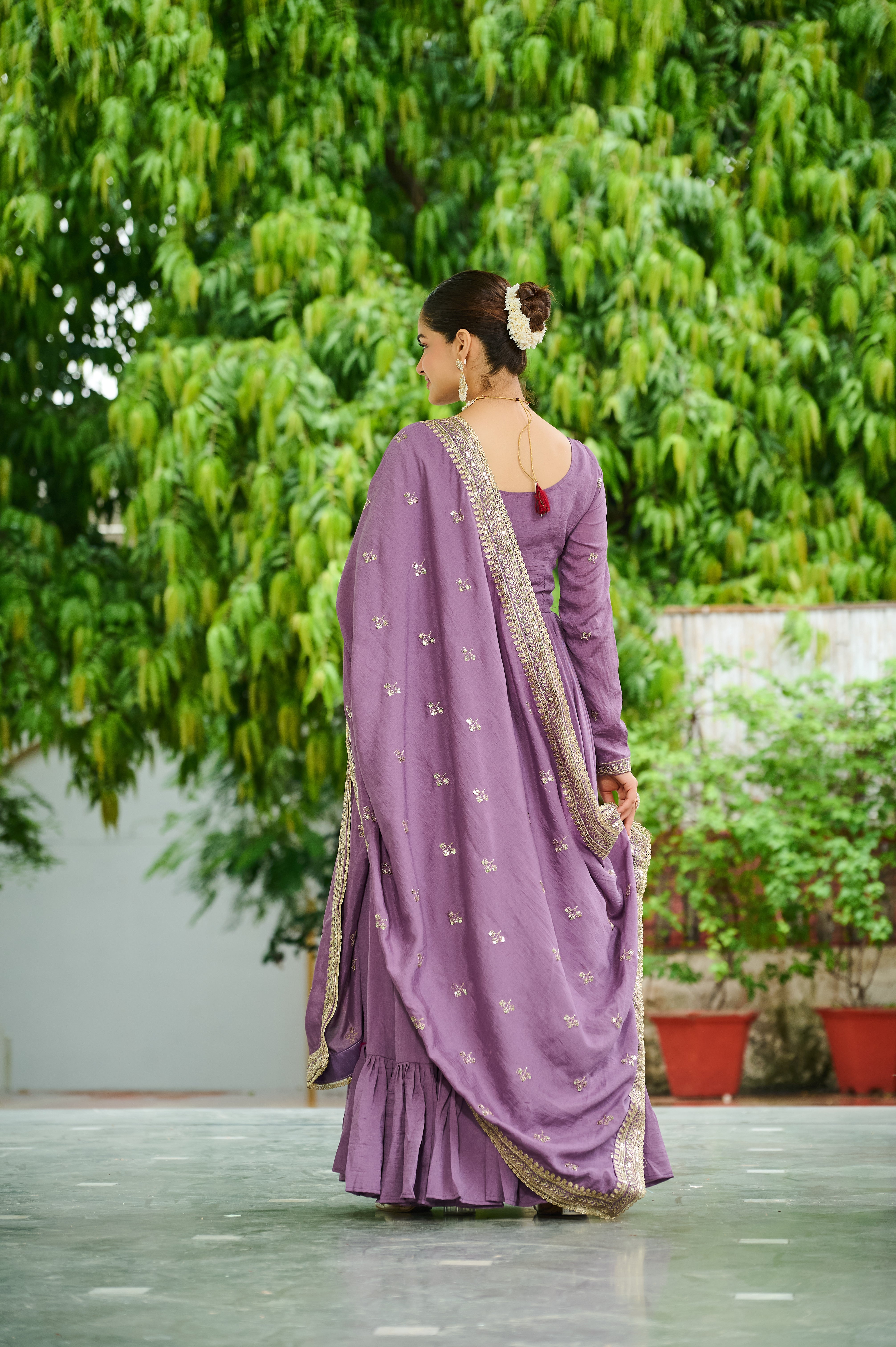 Silk Floral Embroidered Flared Gown With Dupatta