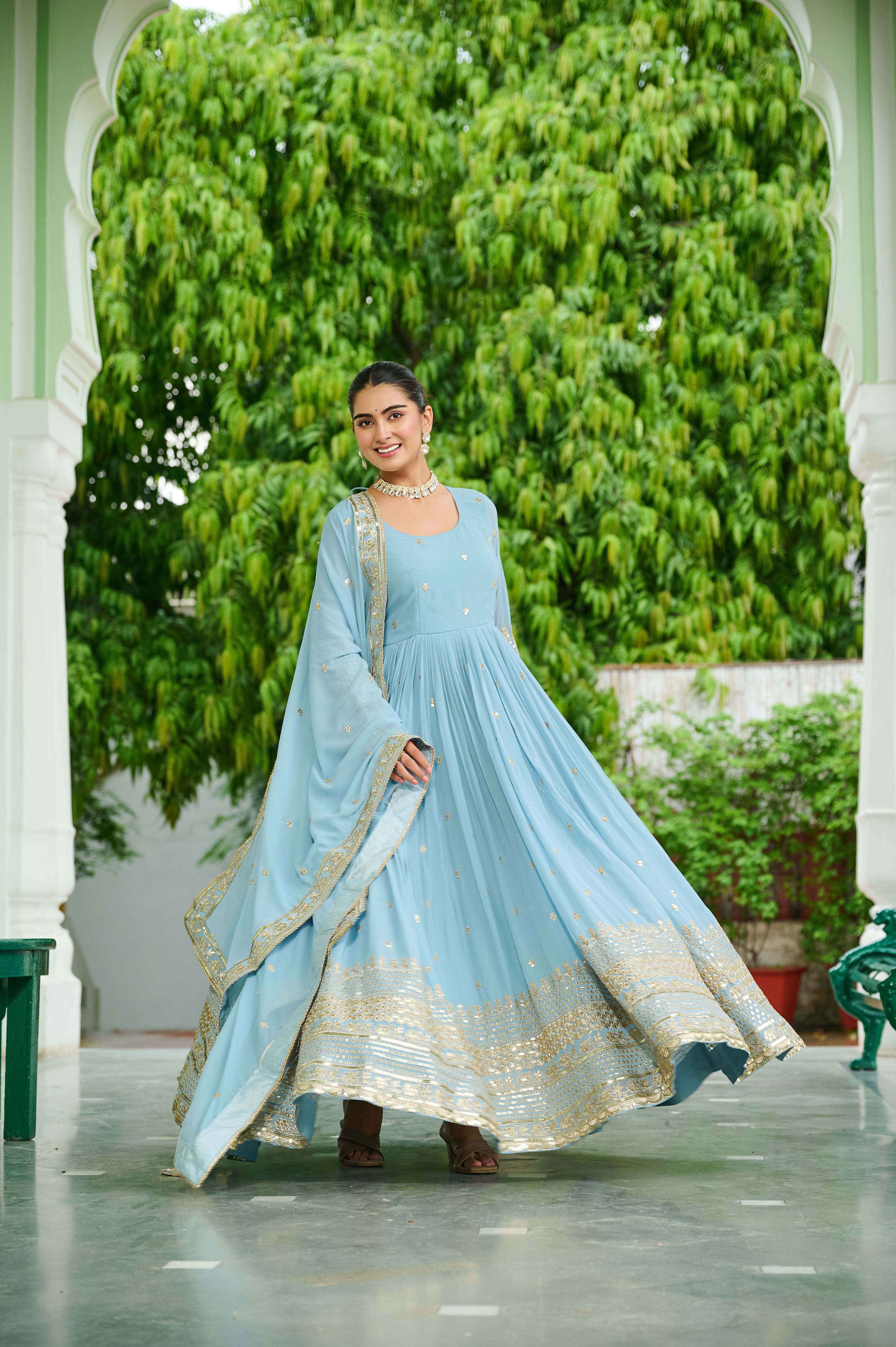 Georgette Embroidered Wedding Wear Gown With Dupatta