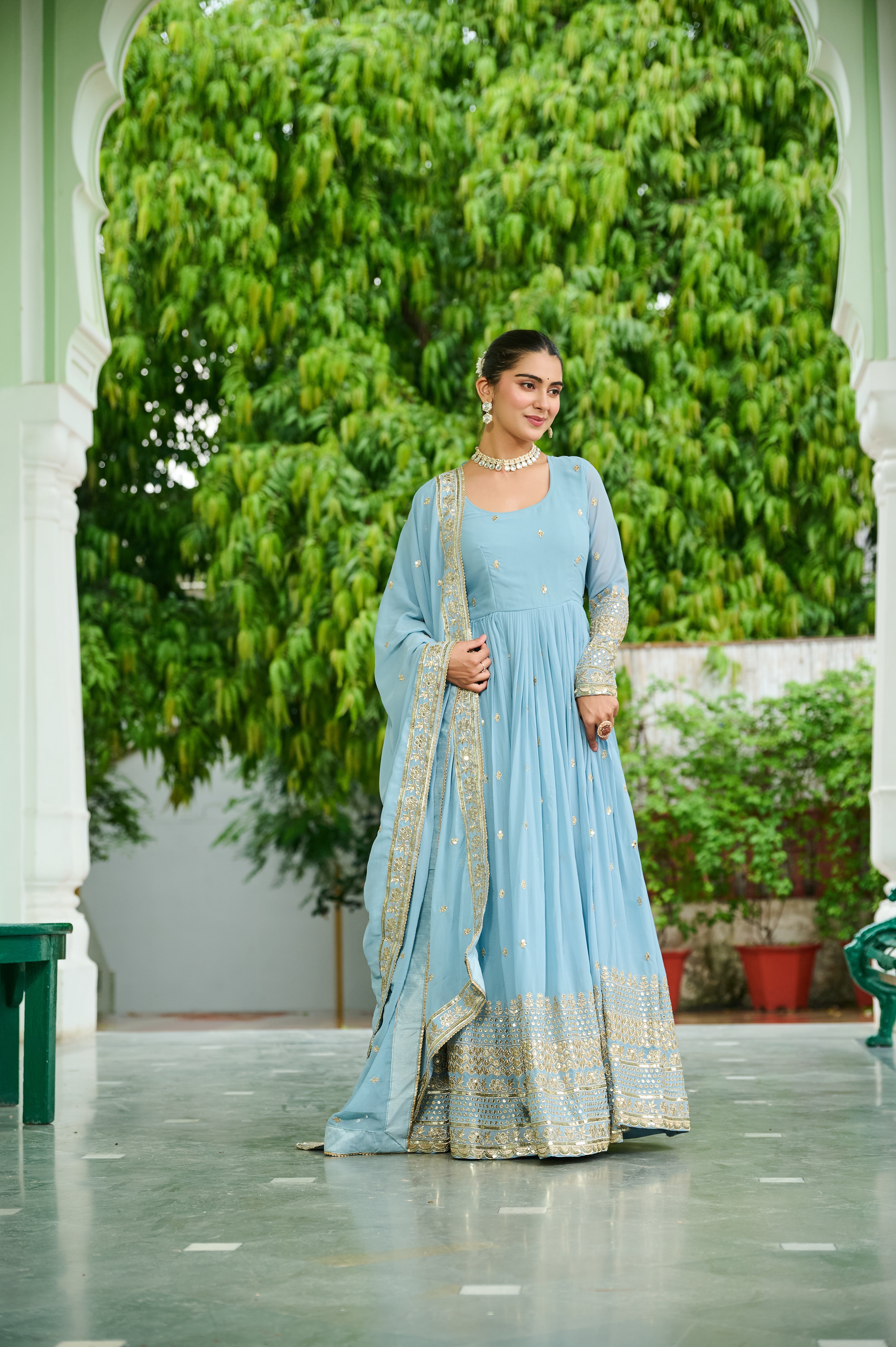 Georgette Embroidered Wedding Wear Gown With Dupatta