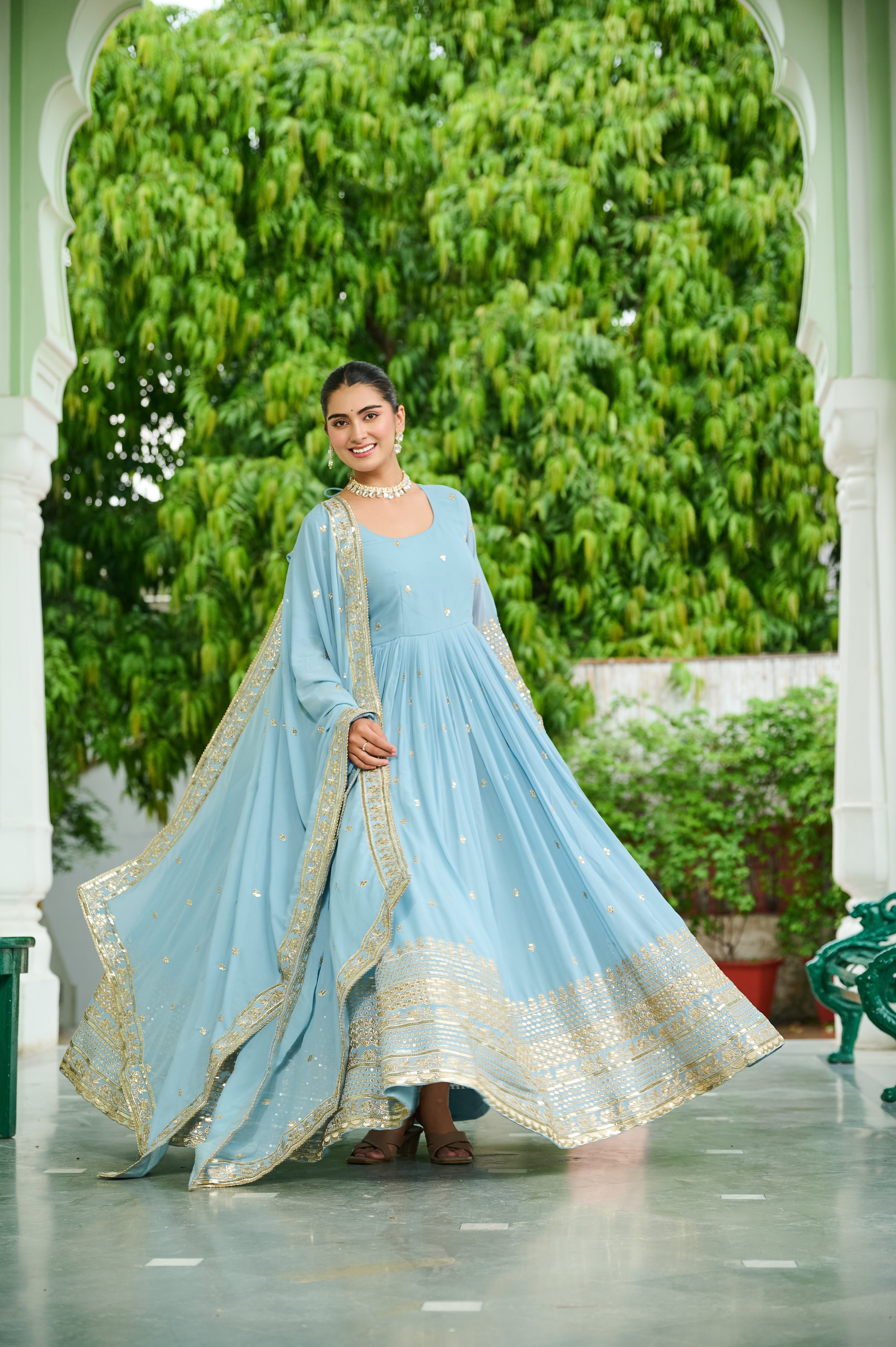 Georgette Embroidered Wedding Wear Gown With Dupatta