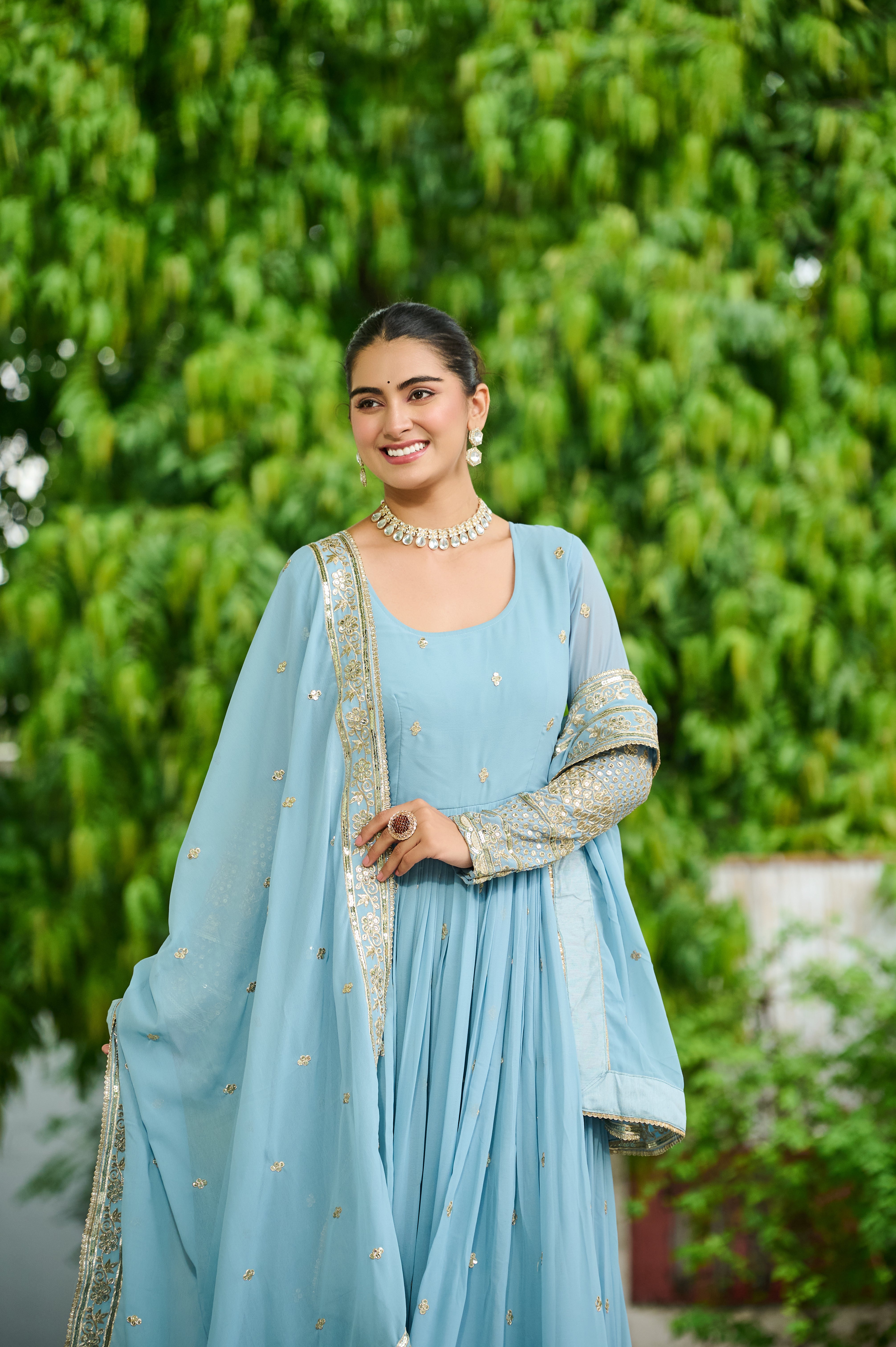 Georgette Embroidered Wedding Wear Gown With Dupatta