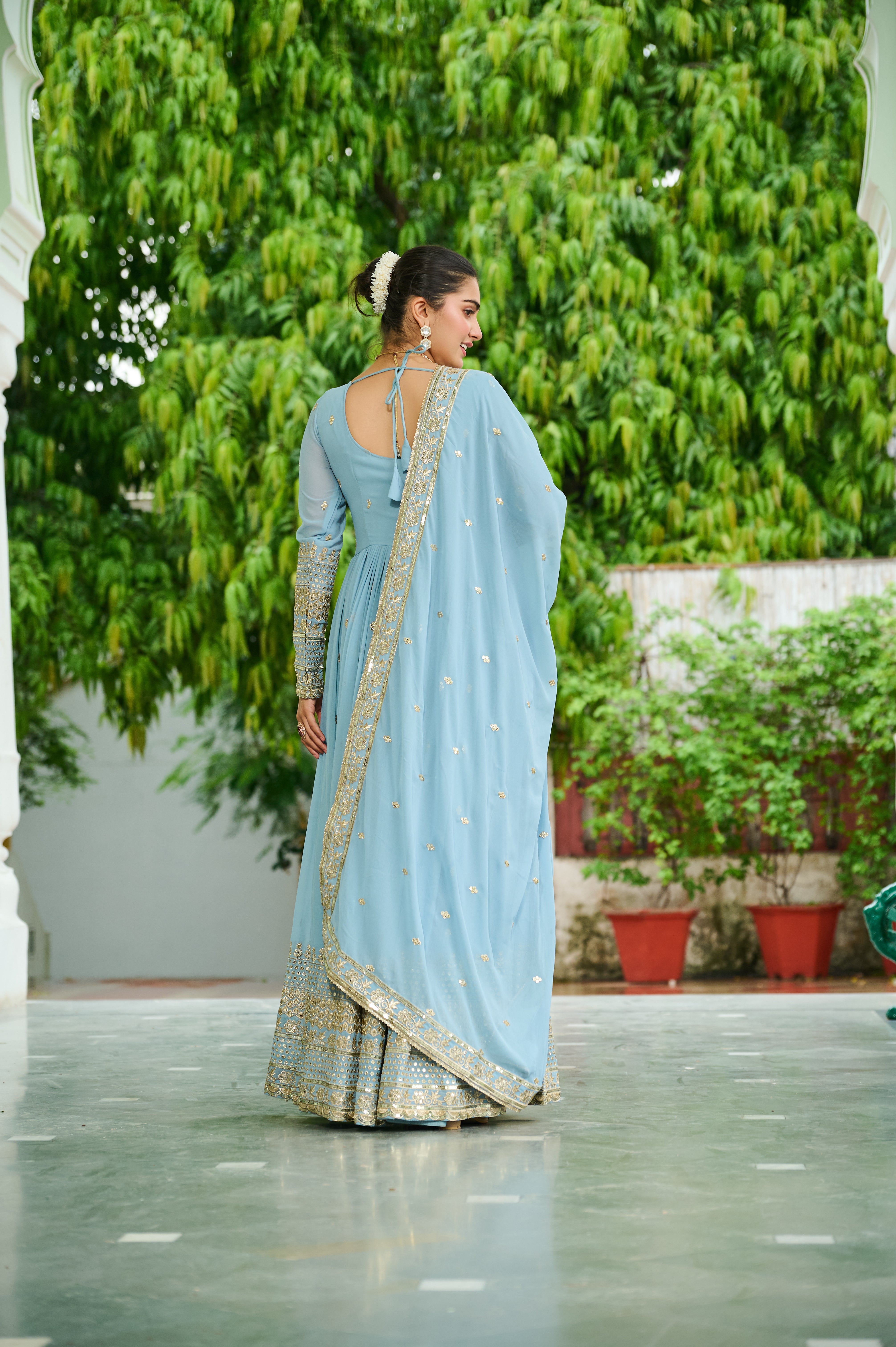 Georgette Embroidered Wedding Wear Gown With Dupatta
