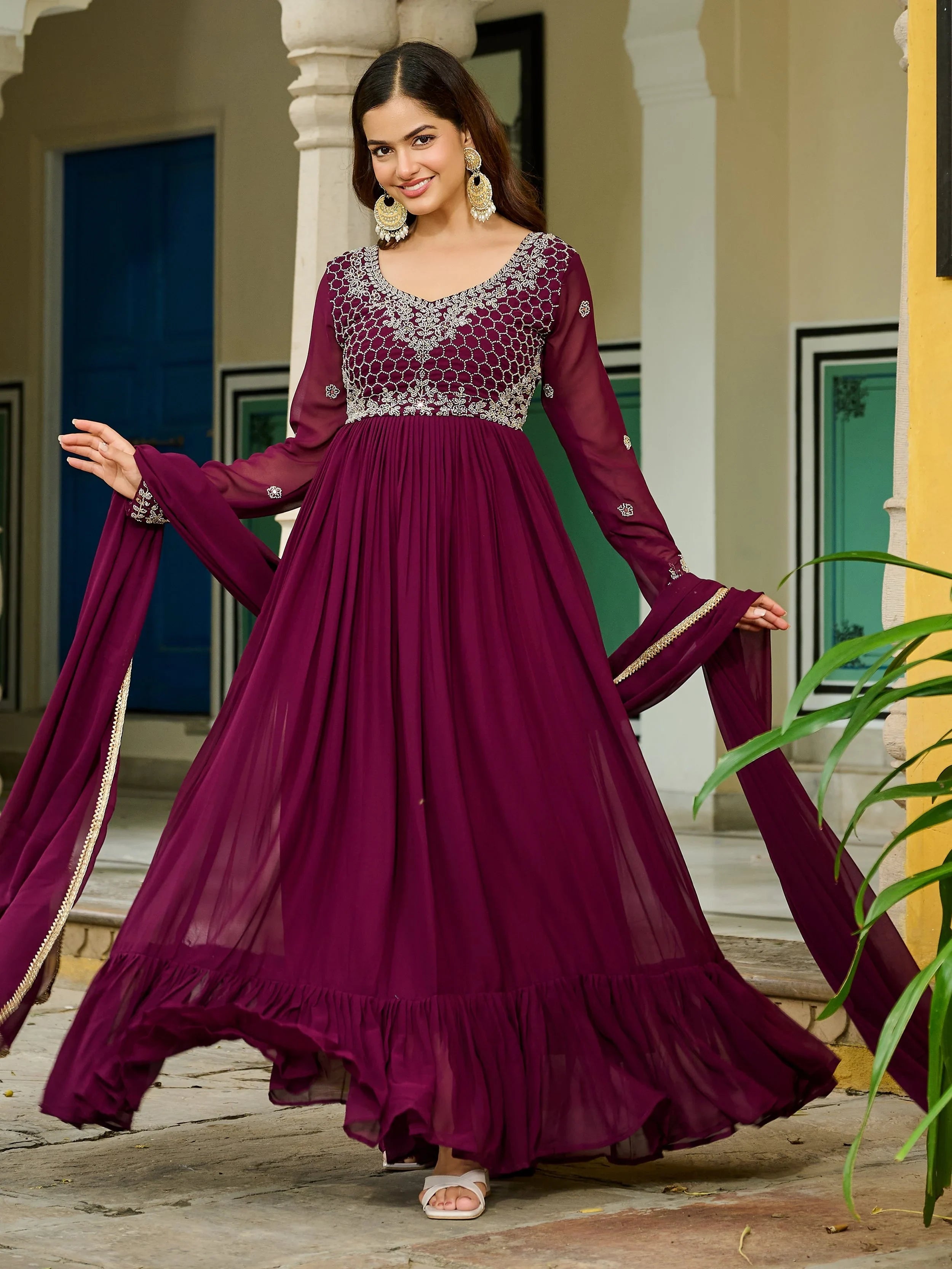Maroon Georgette Embroidered Festive Wear Gown With Dupatta