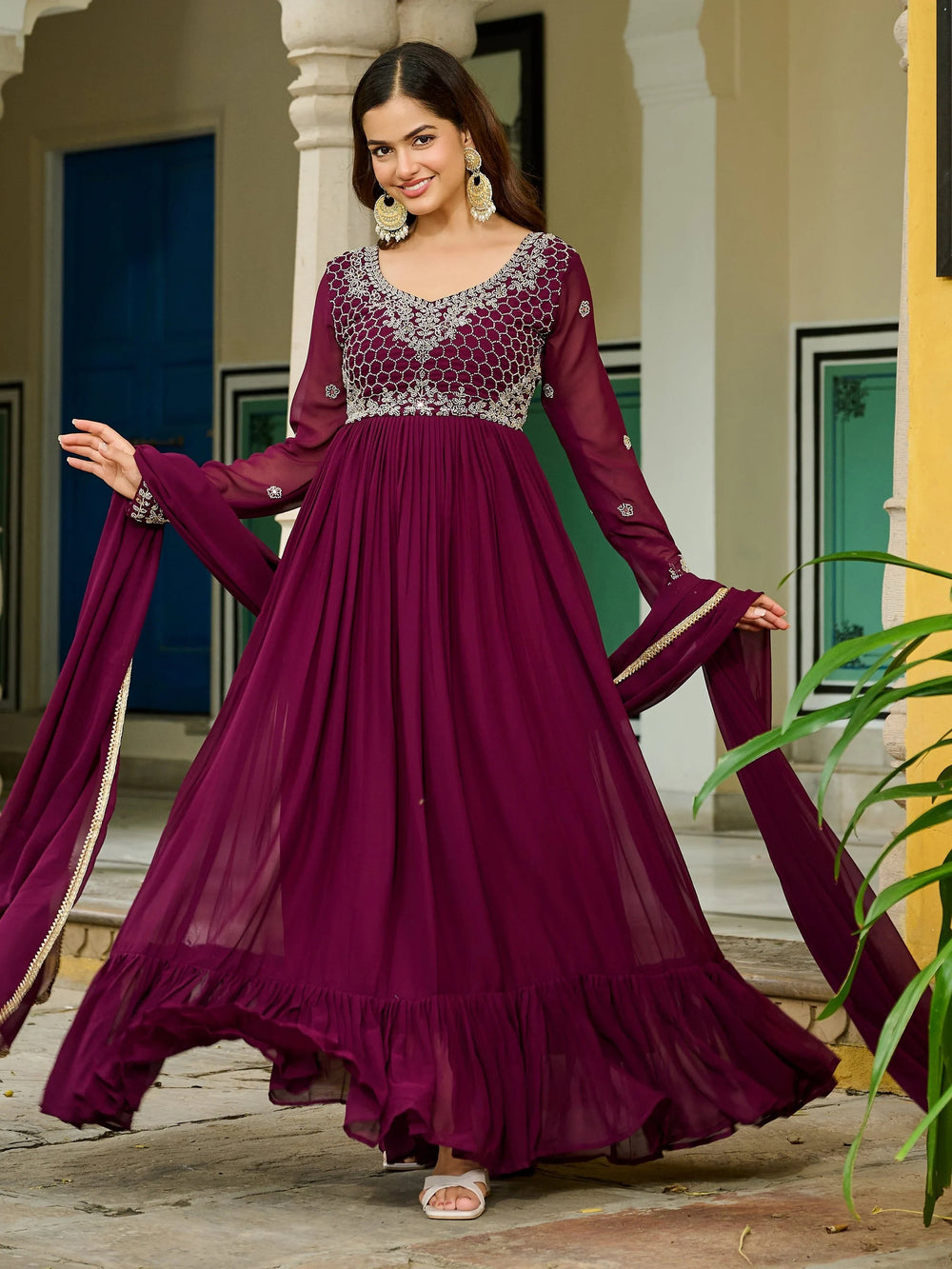 Maroon Georgette Embroidered Festive Wear Gown With Dupatta