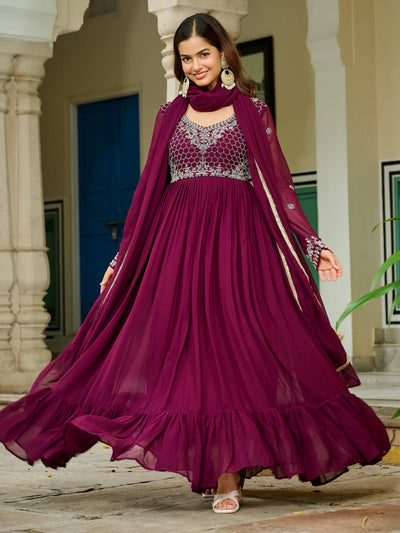 Maroon Georgette Embroidered Festive Wear Gown With Dupatta