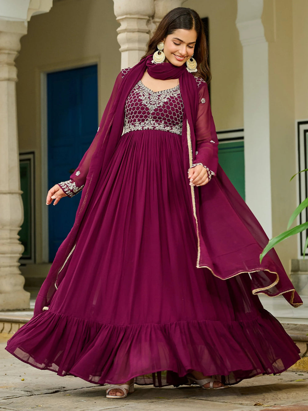 Maroon Georgette Embroidered Festive Wear Gown With Dupatta