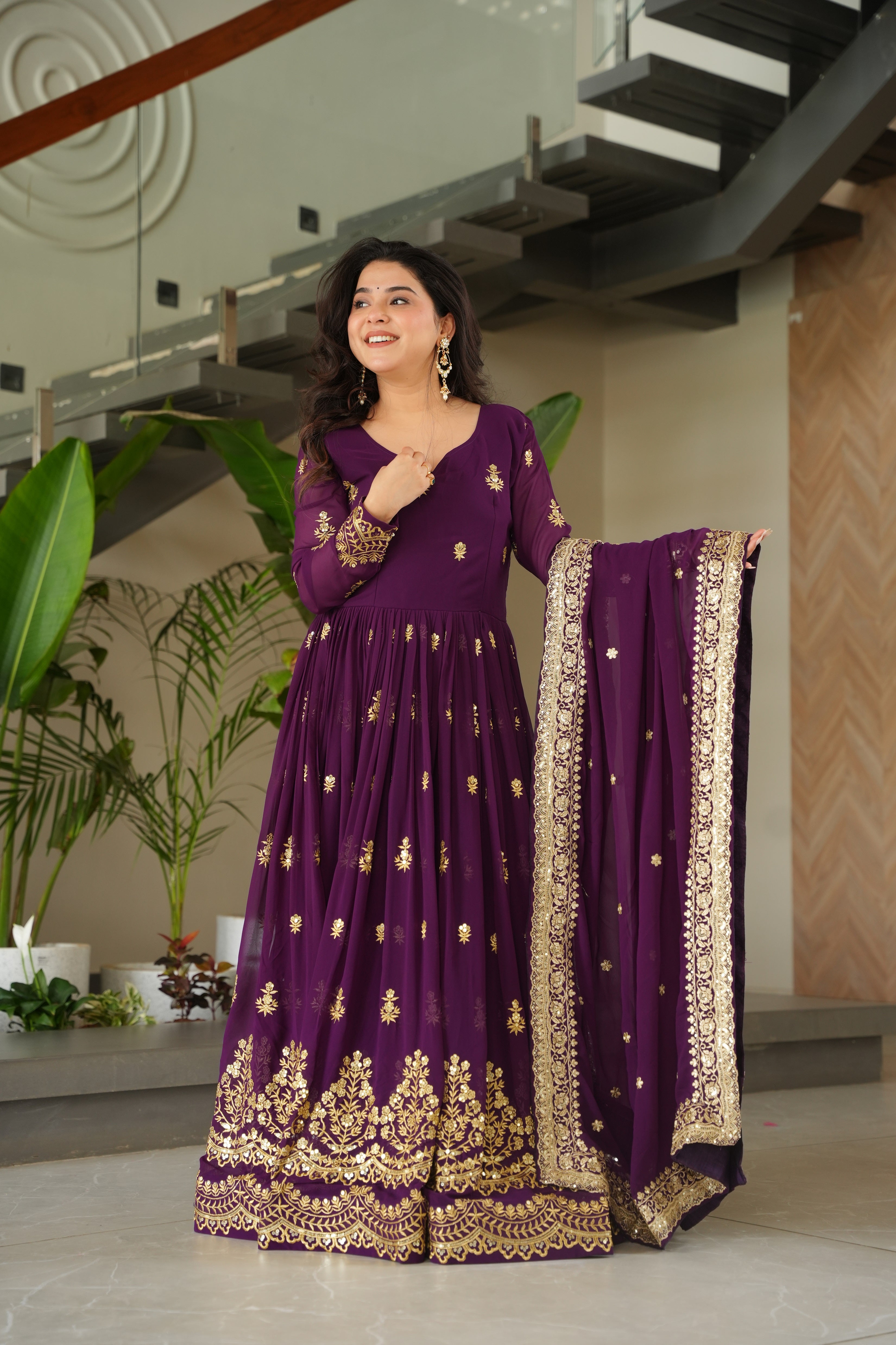 Purple Georgette Sequins Embroidered Gown With Dupatta