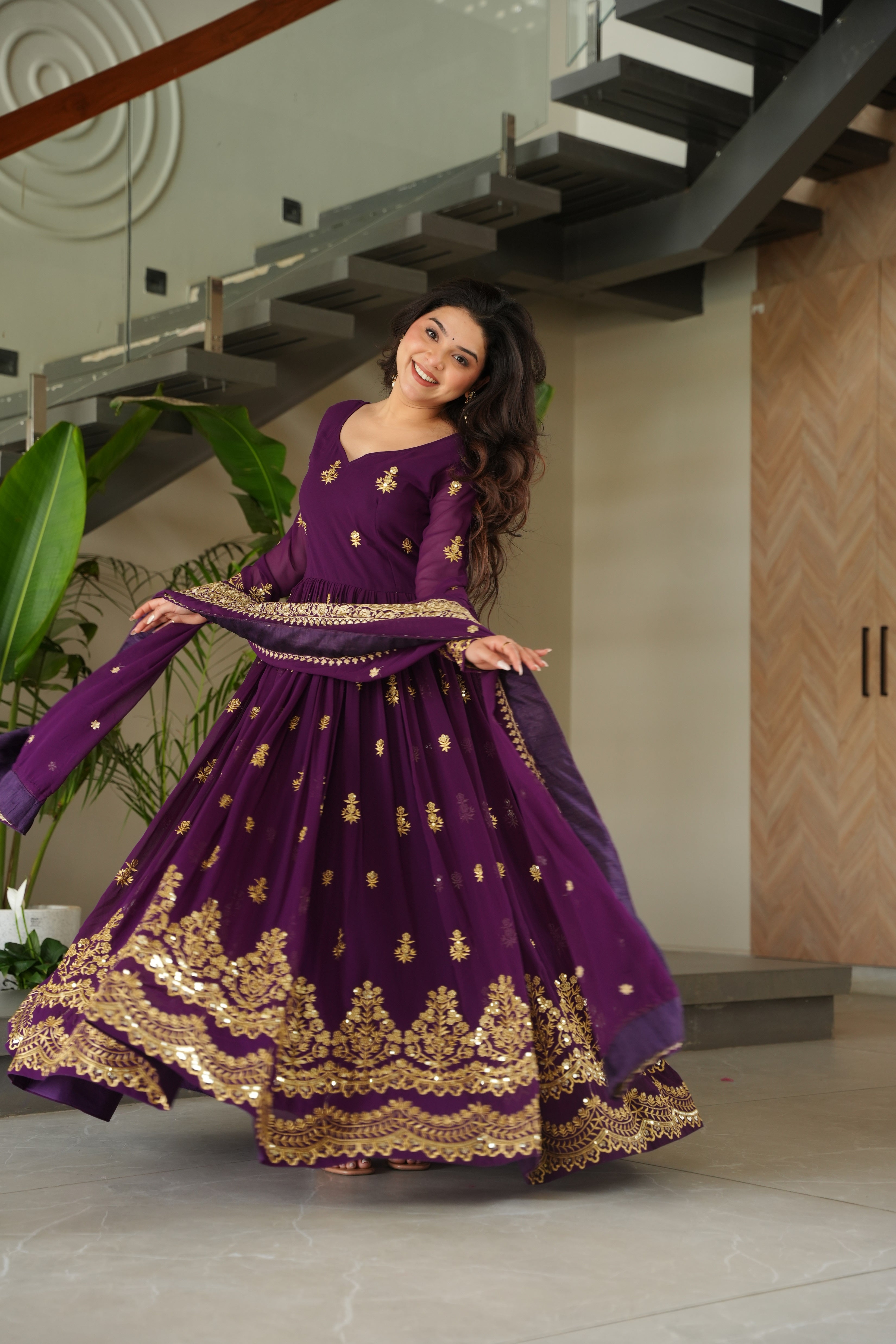 Purple Georgette Sequins Embroidered Gown With Dupatta