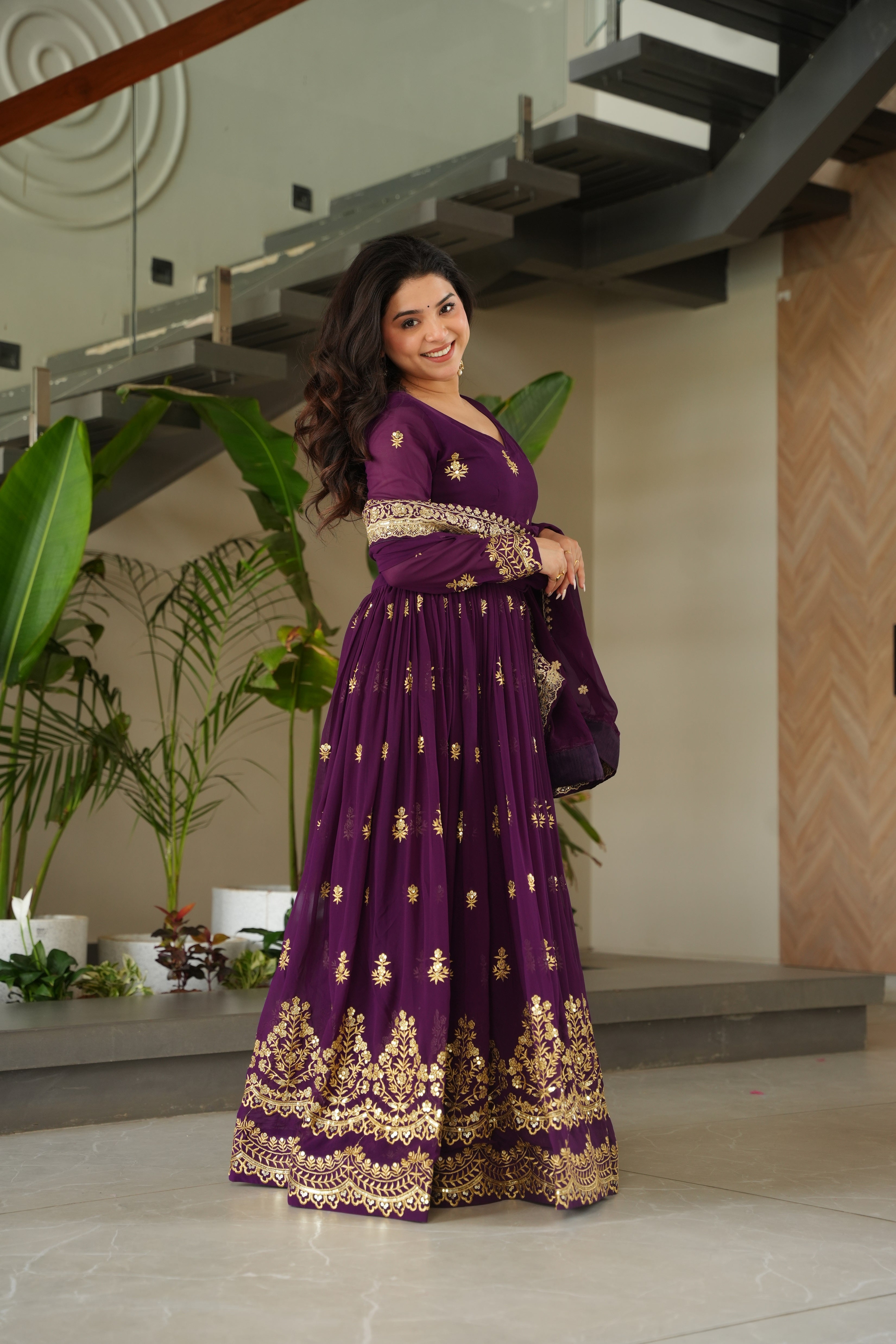 Purple Georgette Sequins Embroidered Gown With Dupatta