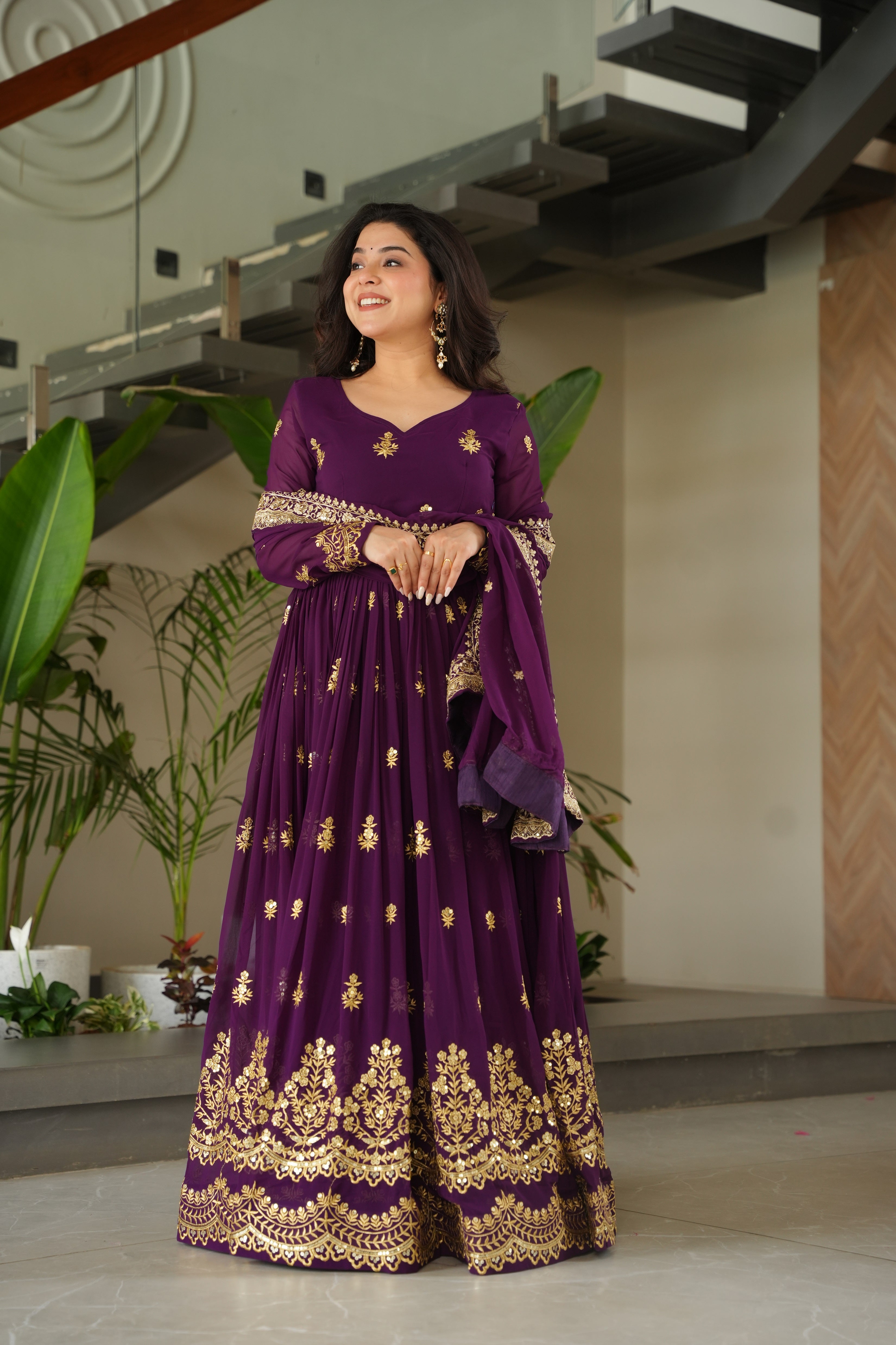 Purple Georgette Sequins Embroidered Gown With Dupatta