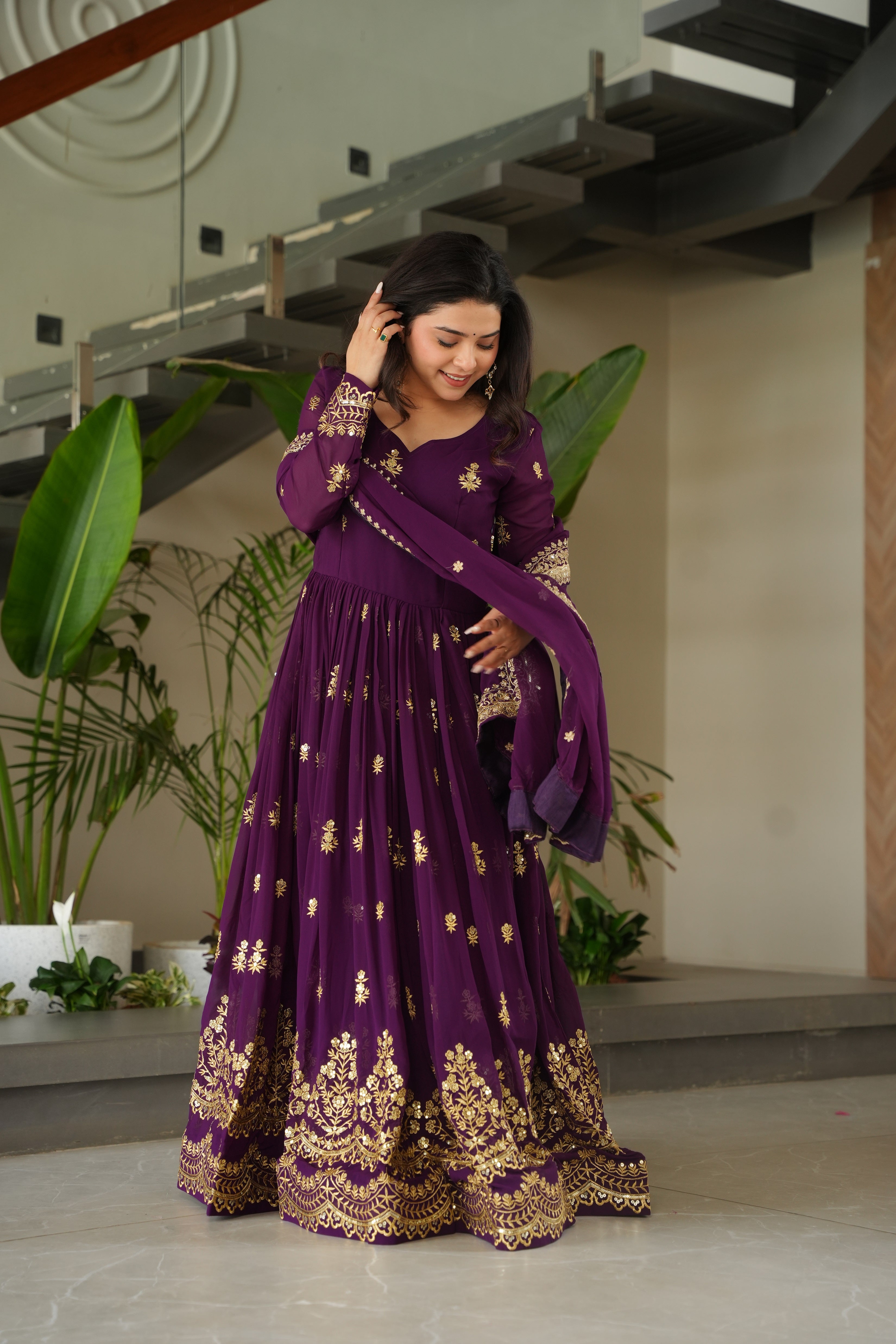 Purple Georgette Sequins Embroidered Gown With Dupatta