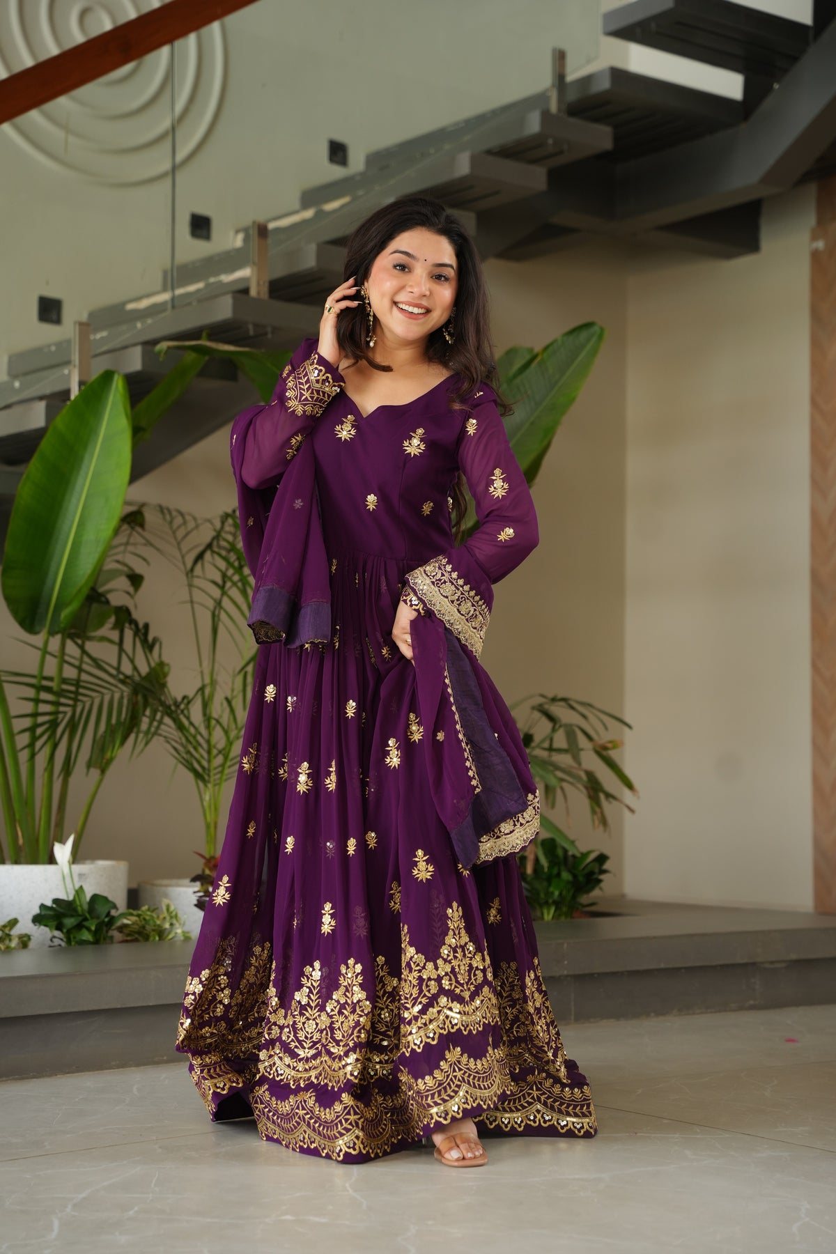 Purple Georgette Sequins Embroidered Gown With Dupatta