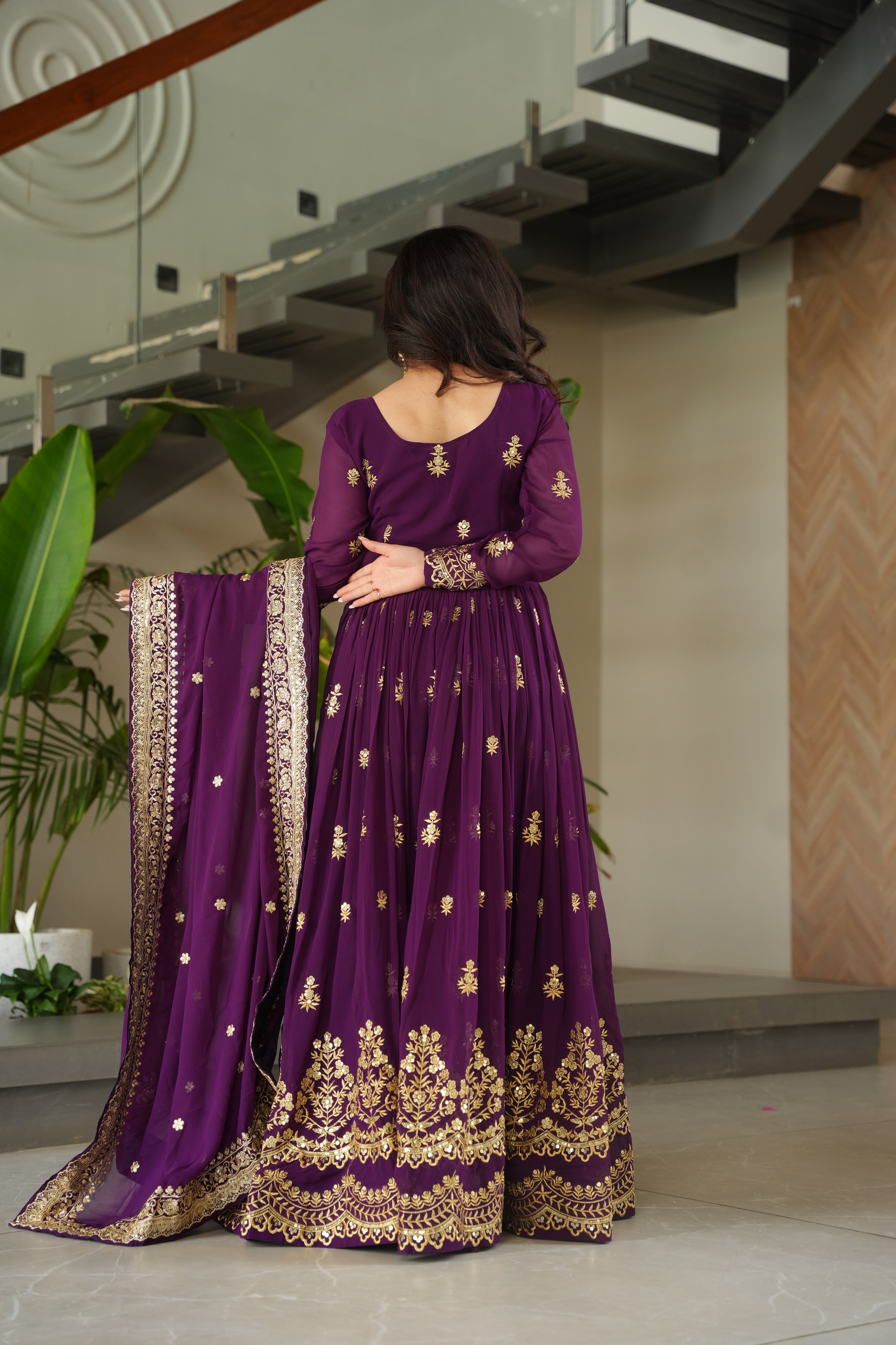 Purple Georgette Sequins Embroidered Gown With Dupatta