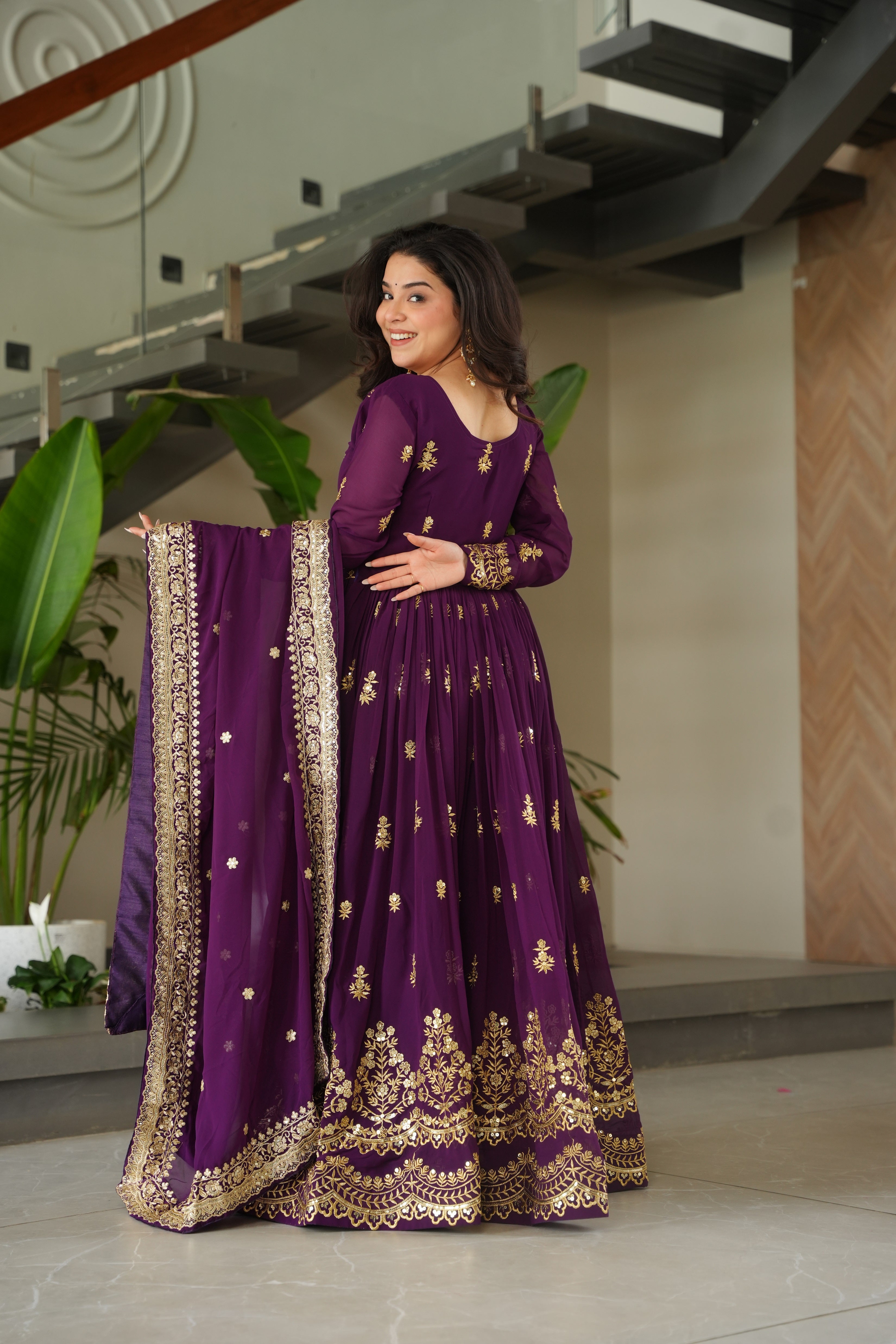 Purple Georgette Sequins Embroidered Gown With Dupatta