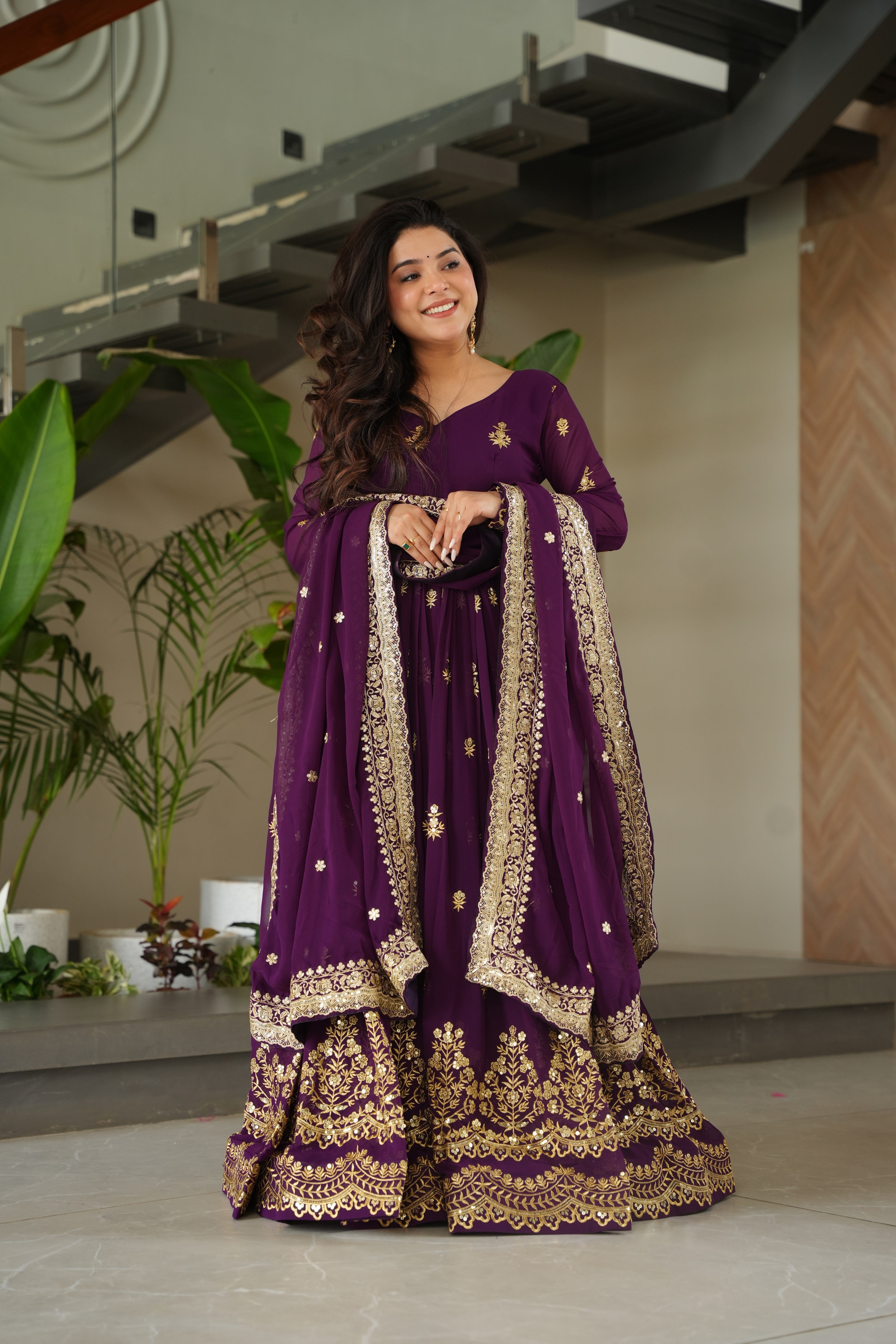 Purple Georgette Sequins Embroidered Gown With Dupatta