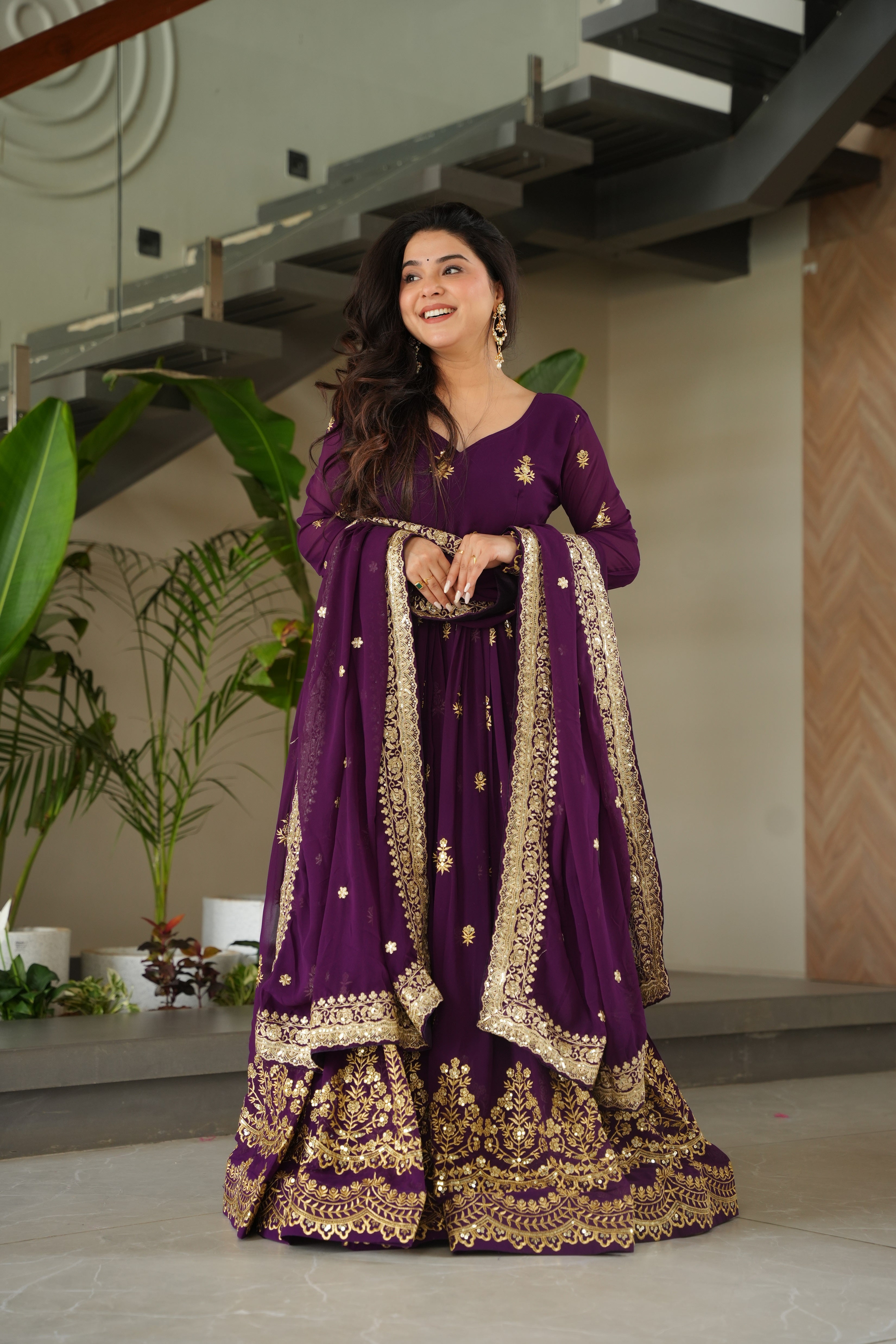 Purple Georgette Sequins Embroidered Gown With Dupatta