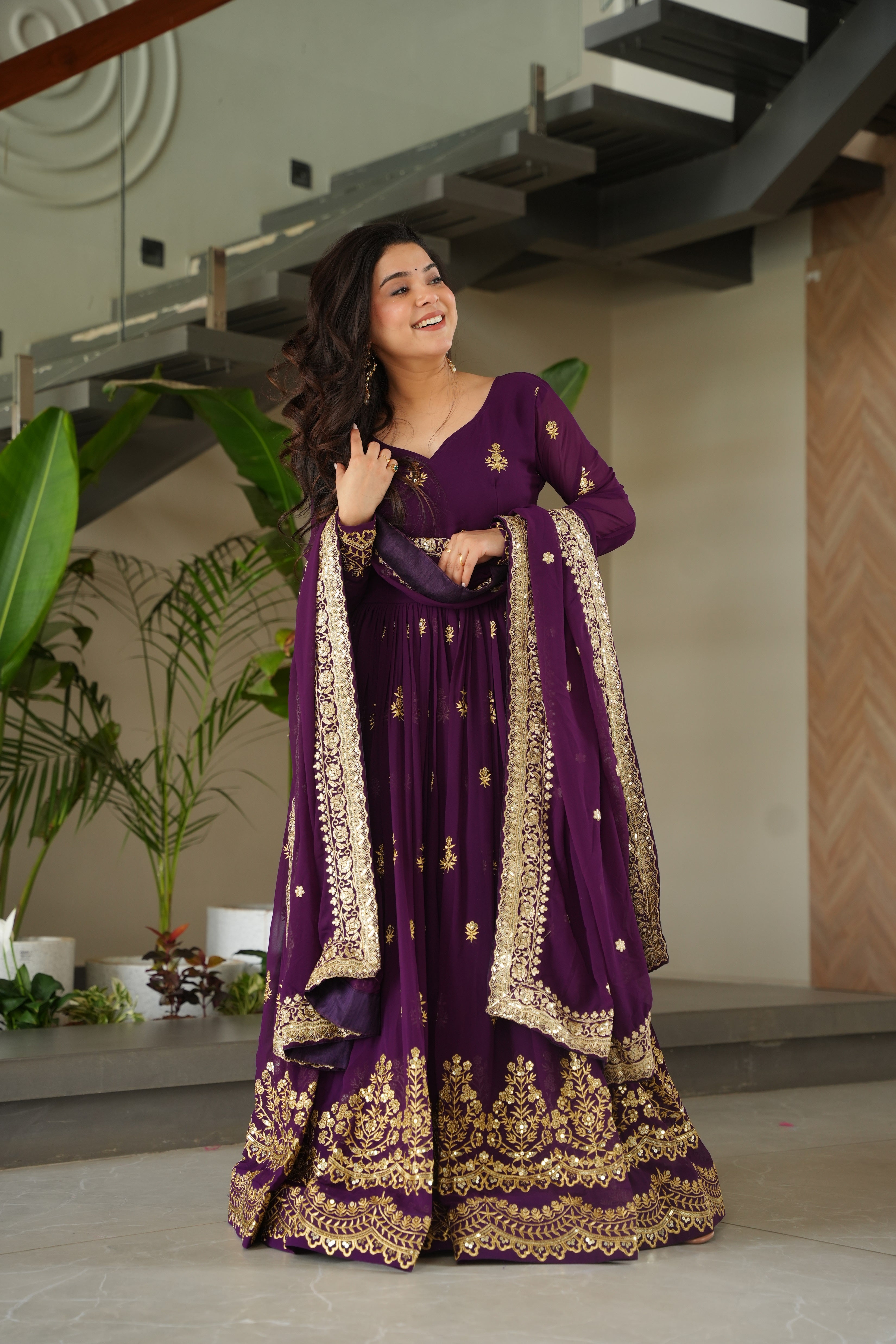 Purple Georgette Sequins Embroidered Gown With Dupatta