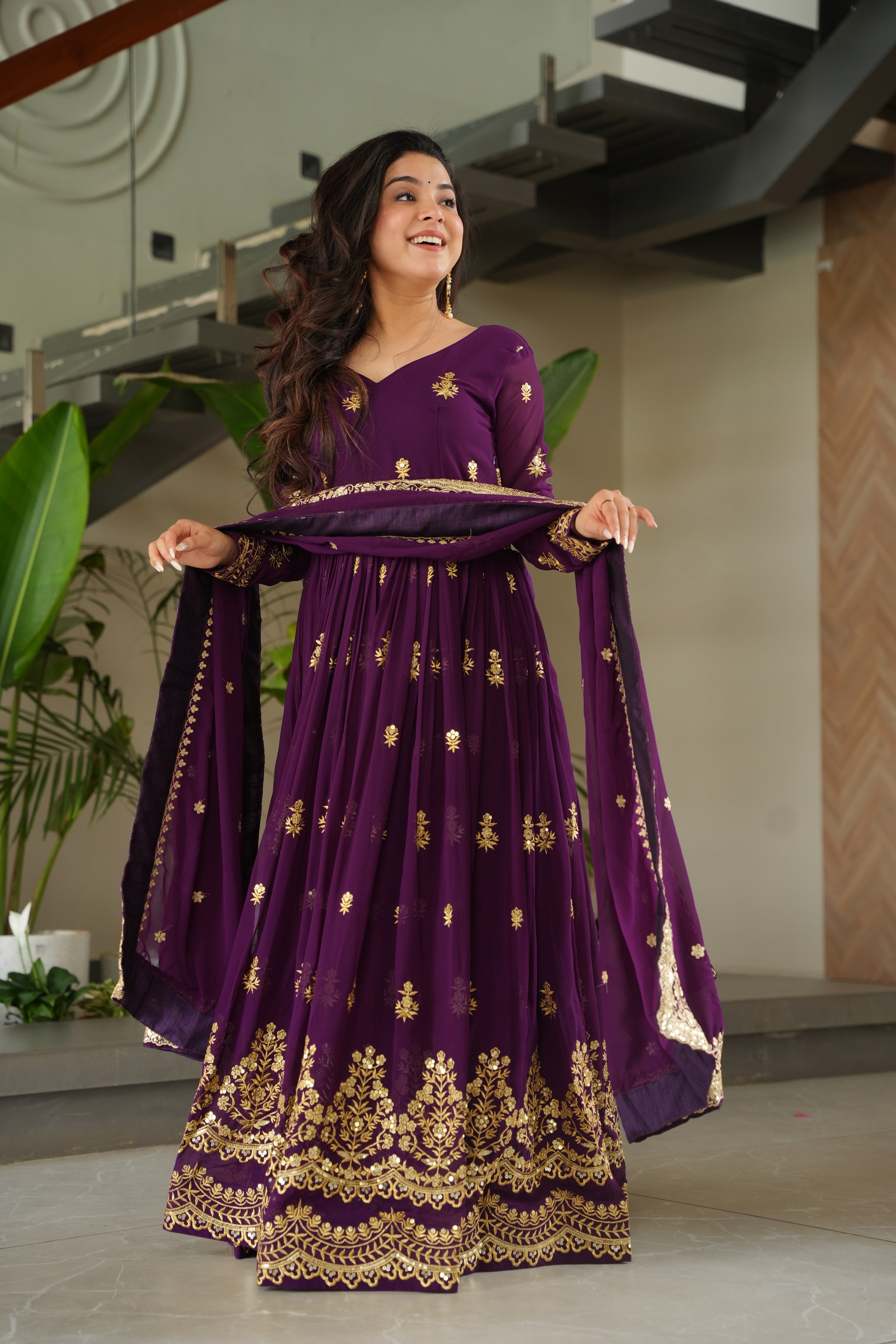 Purple Georgette Sequins Embroidered Gown With Dupatta