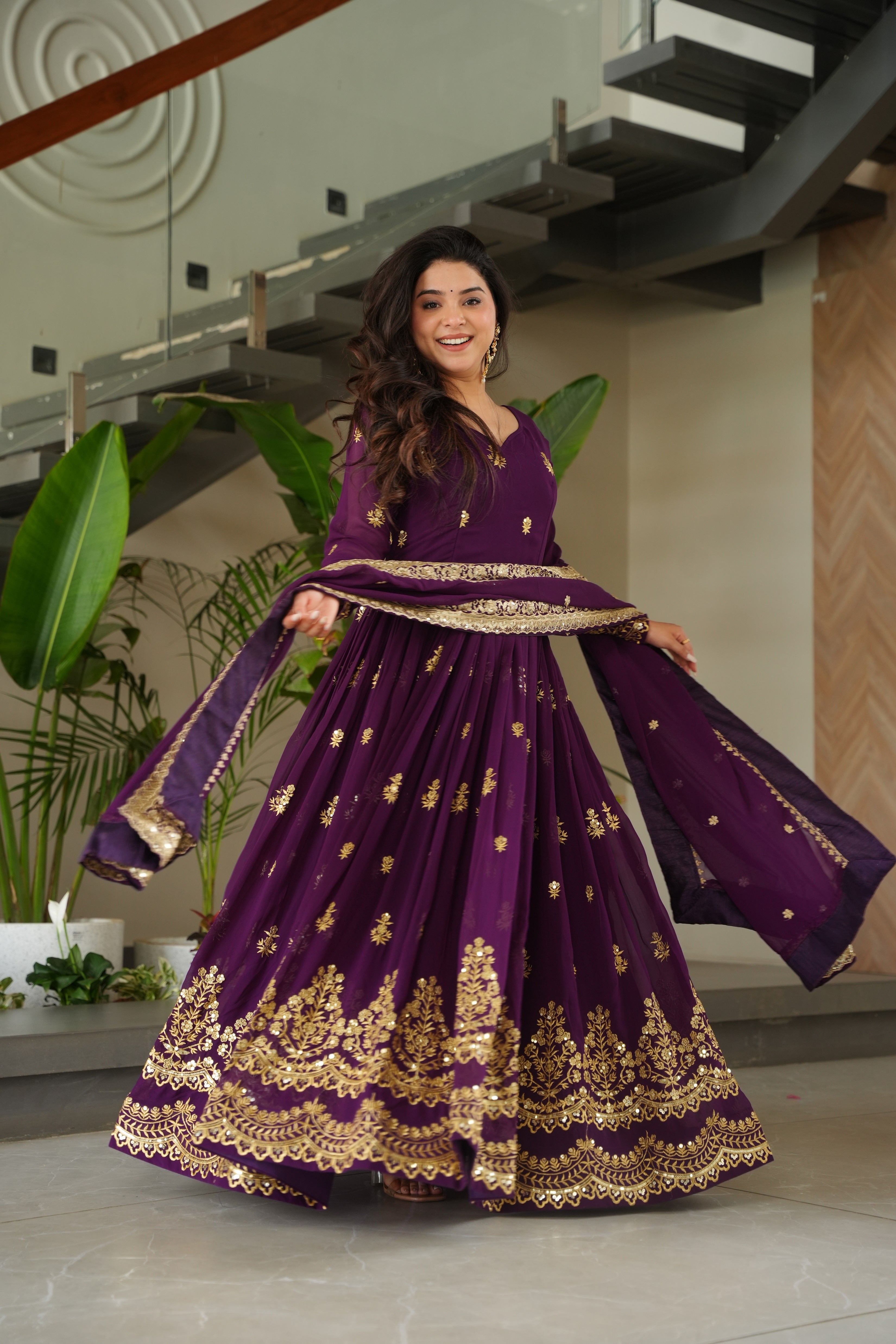Purple Georgette Sequins Embroidered Gown With Dupatta