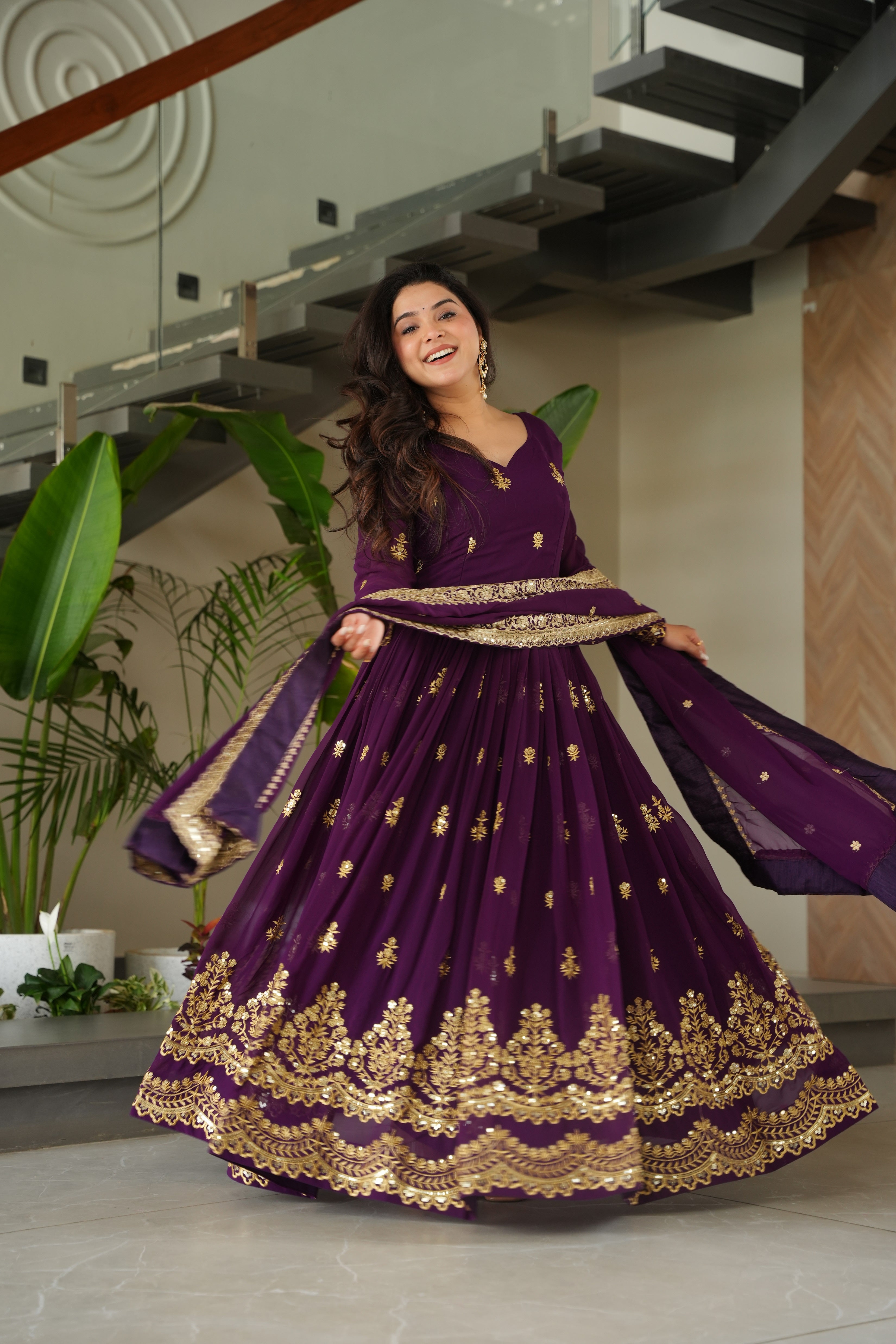 Purple Georgette Sequins Embroidered Gown With Dupatta