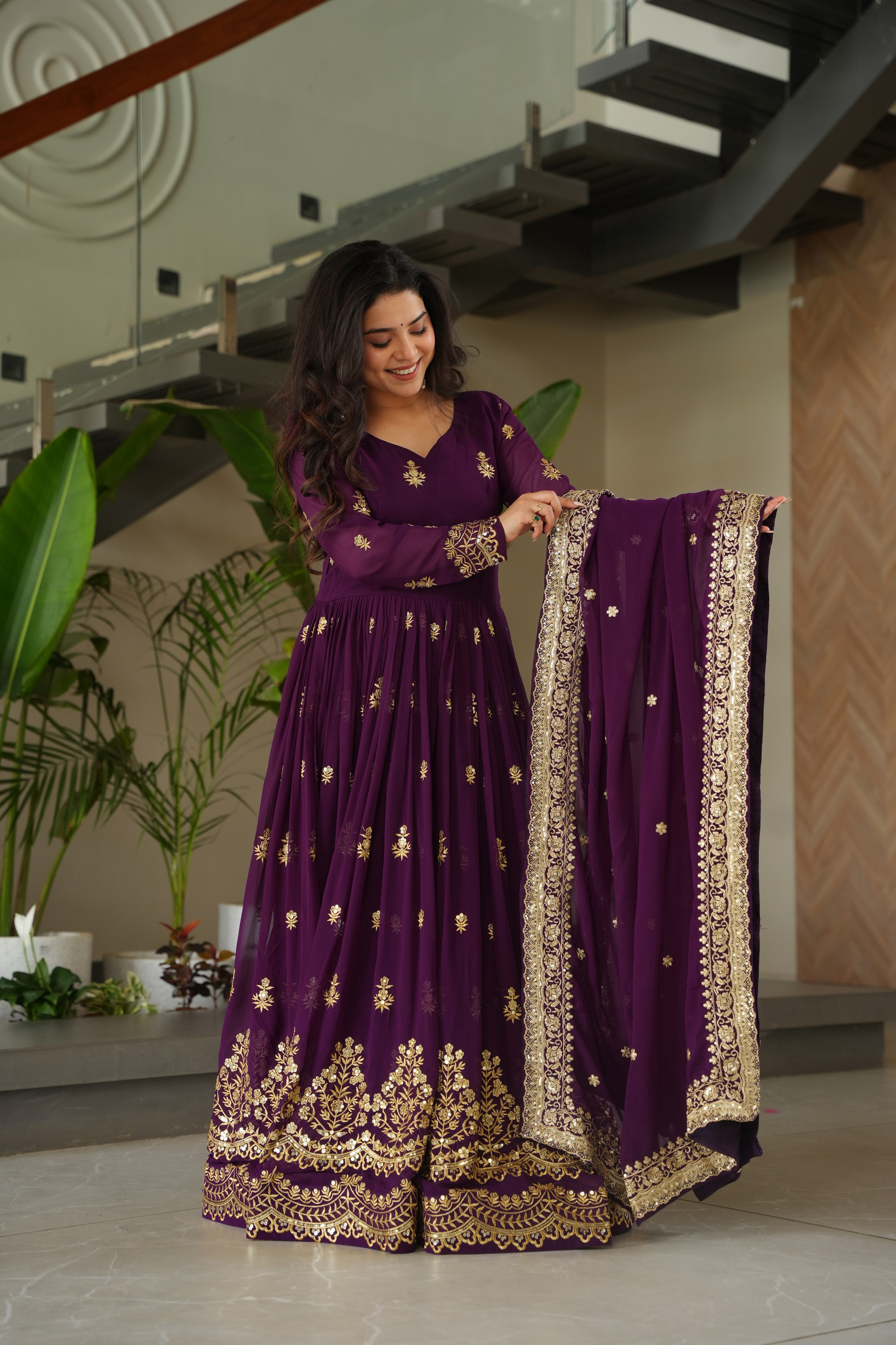Purple Georgette Sequins Embroidered Gown With Dupatta