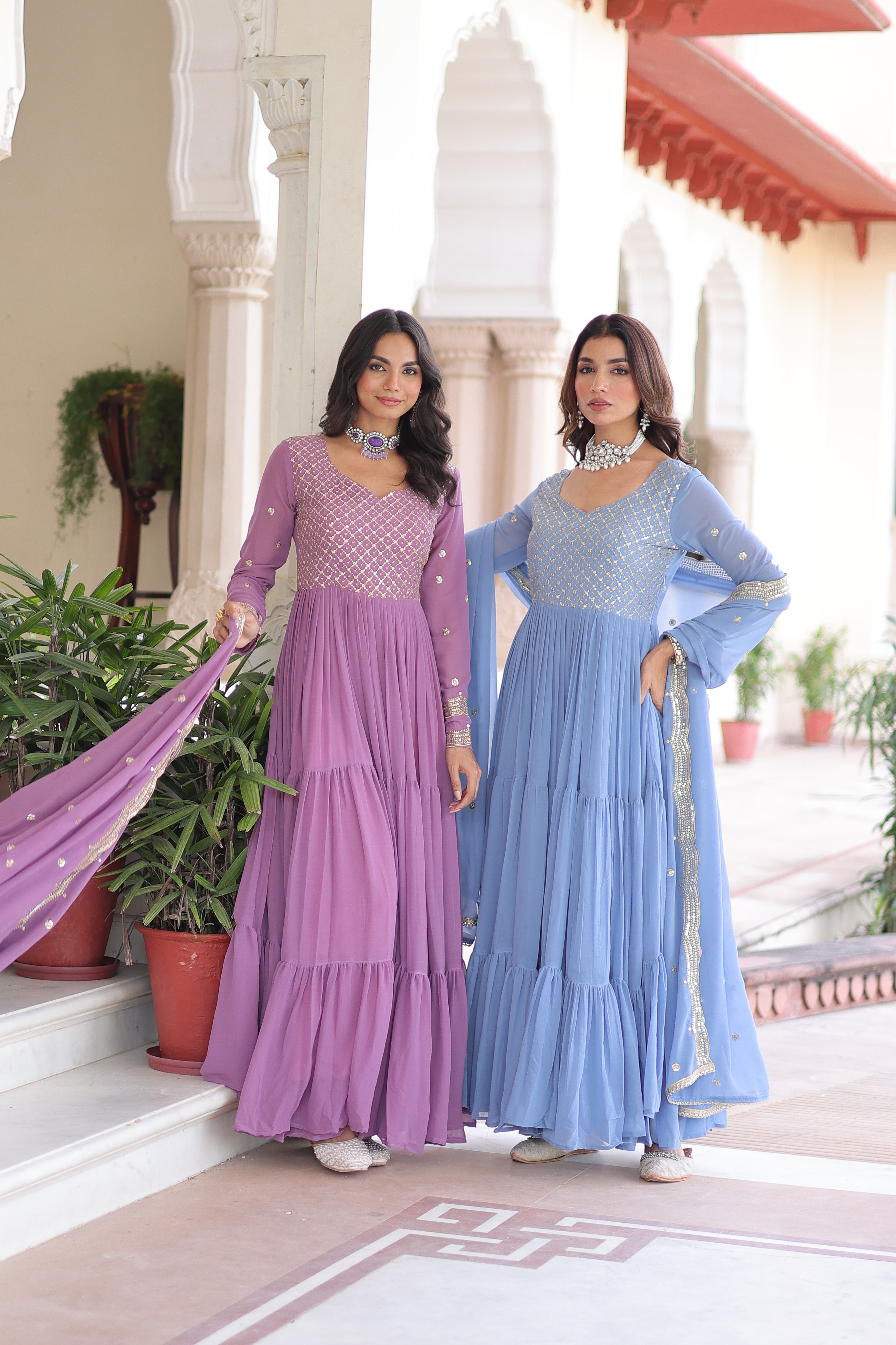 Georgette Zari Embroidered Gown With Dupatta