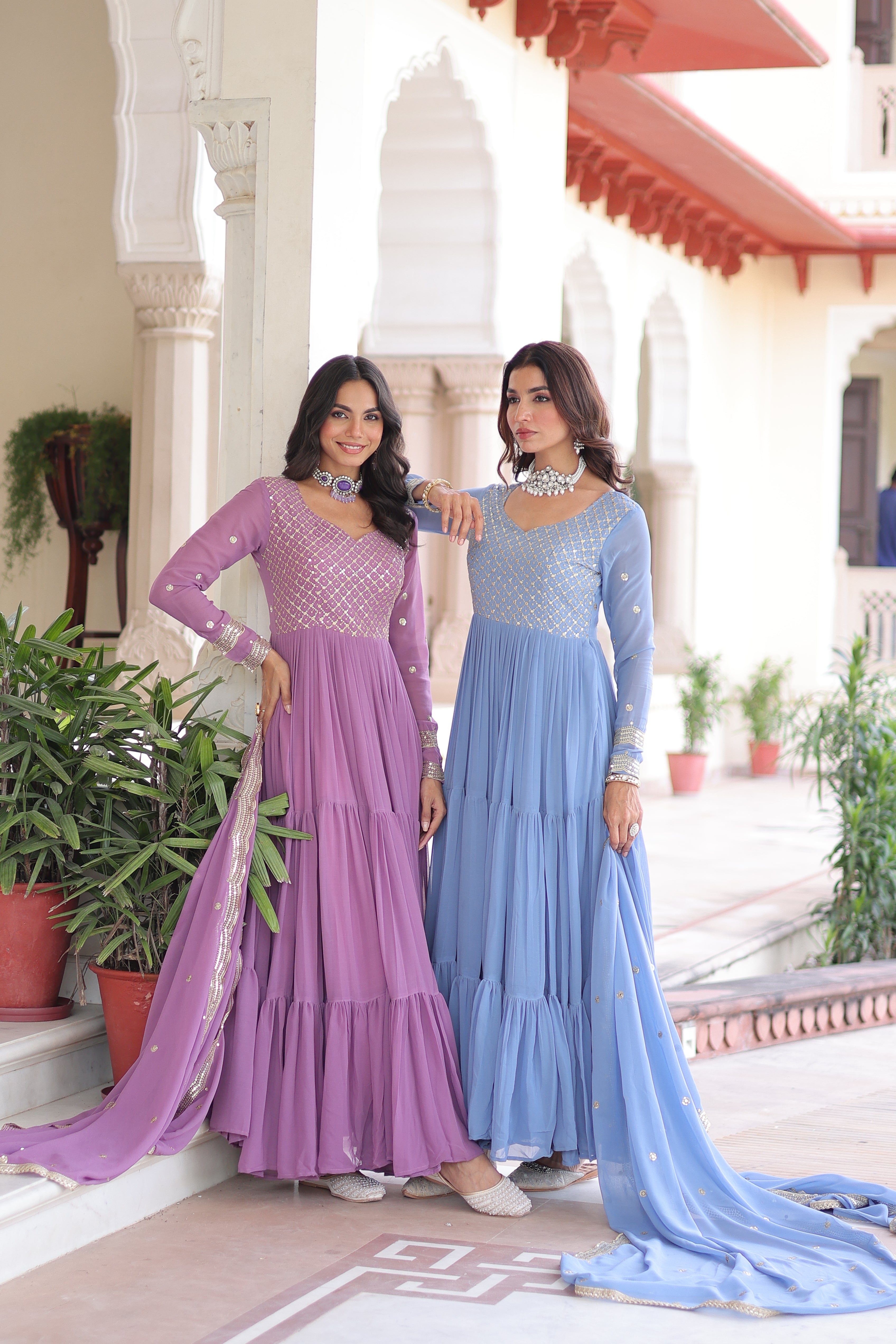 Georgette Zari Embroidered Gown With Dupatta