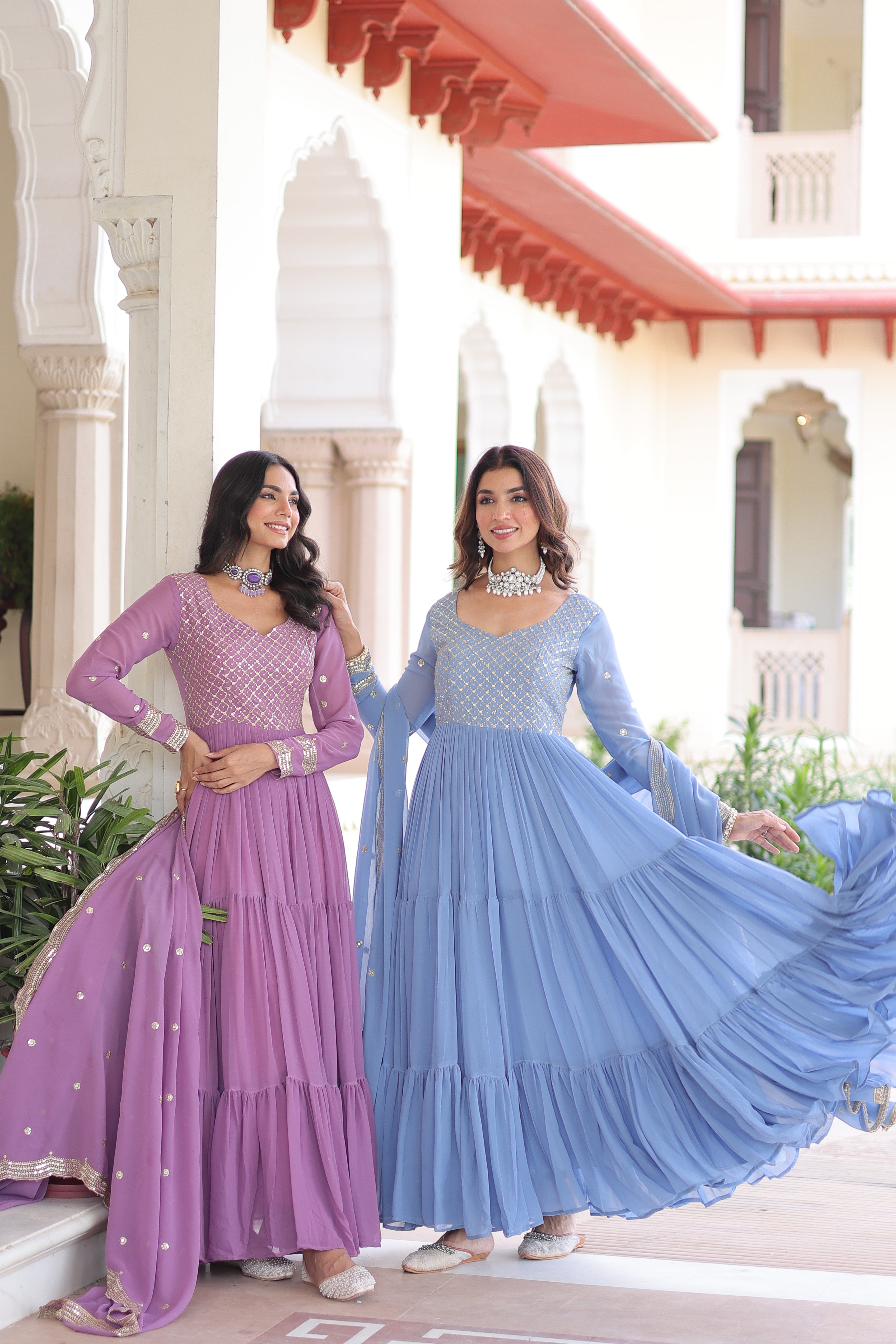 Georgette Zari Embroidered Gown With Dupatta