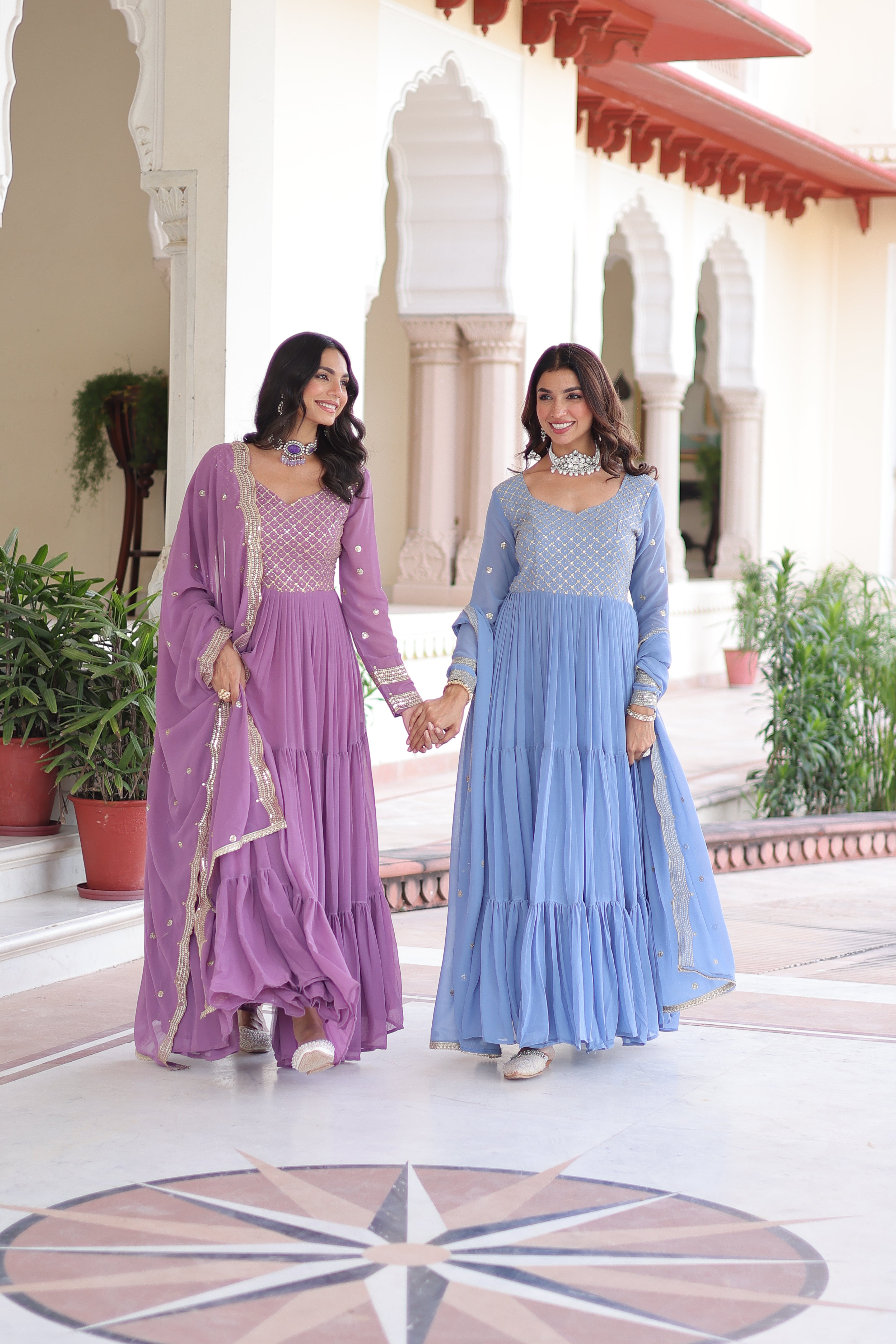 Georgette Zari Embroidered Gown With Dupatta