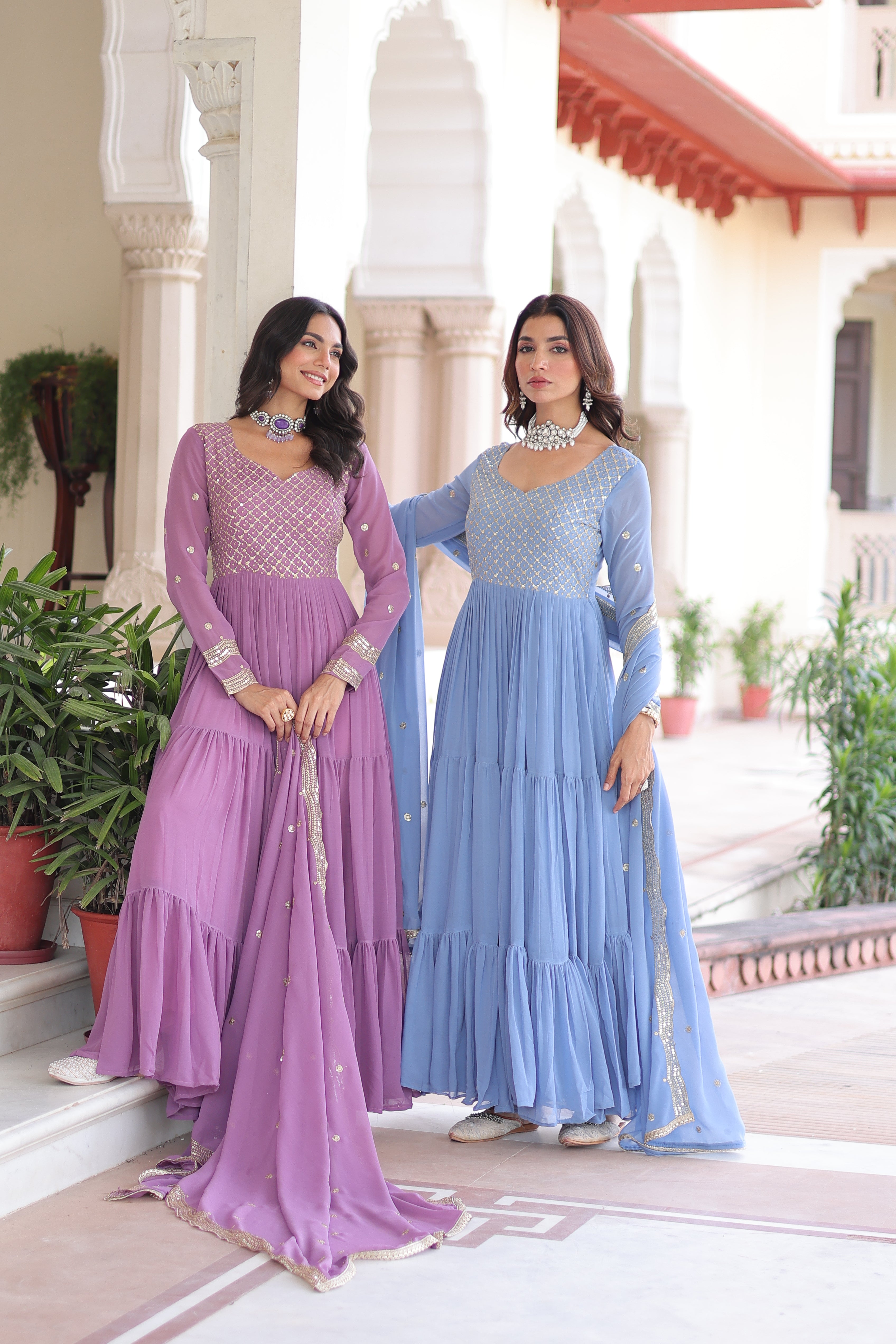 Georgette Zari Embroidered Gown With Dupatta