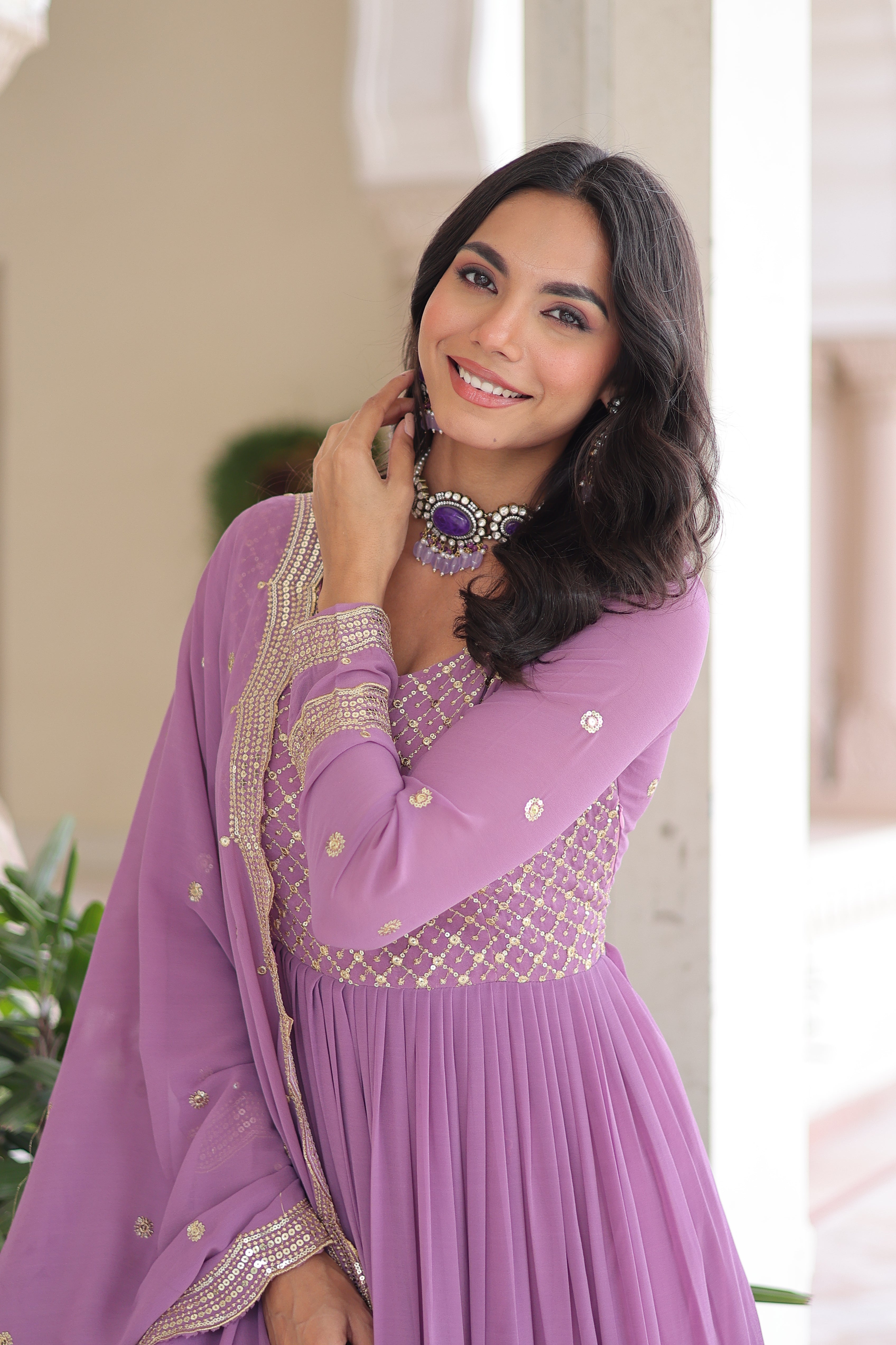 Georgette Zari Embroidered Gown With Dupatta