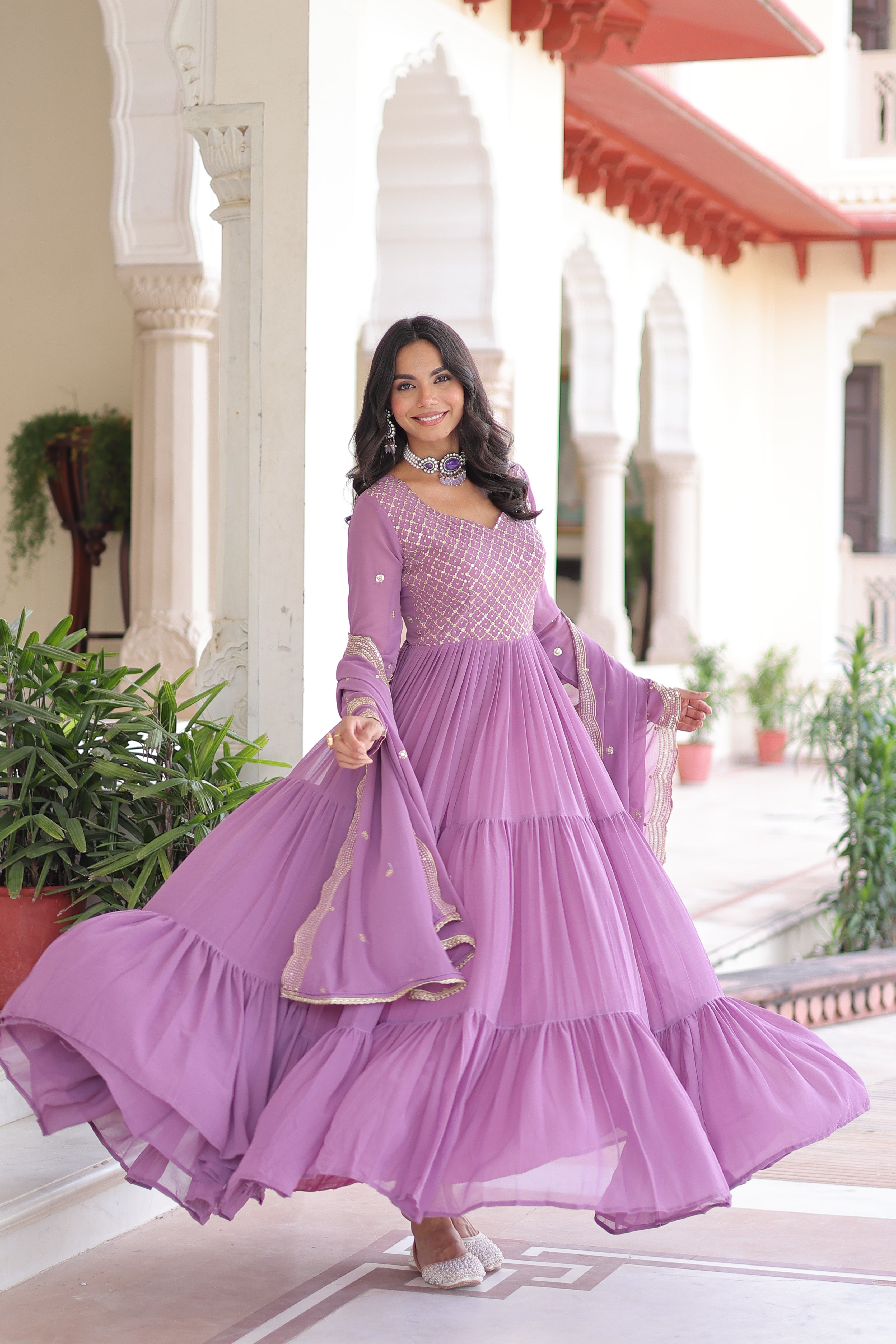 Georgette Zari Embroidered Gown With Dupatta