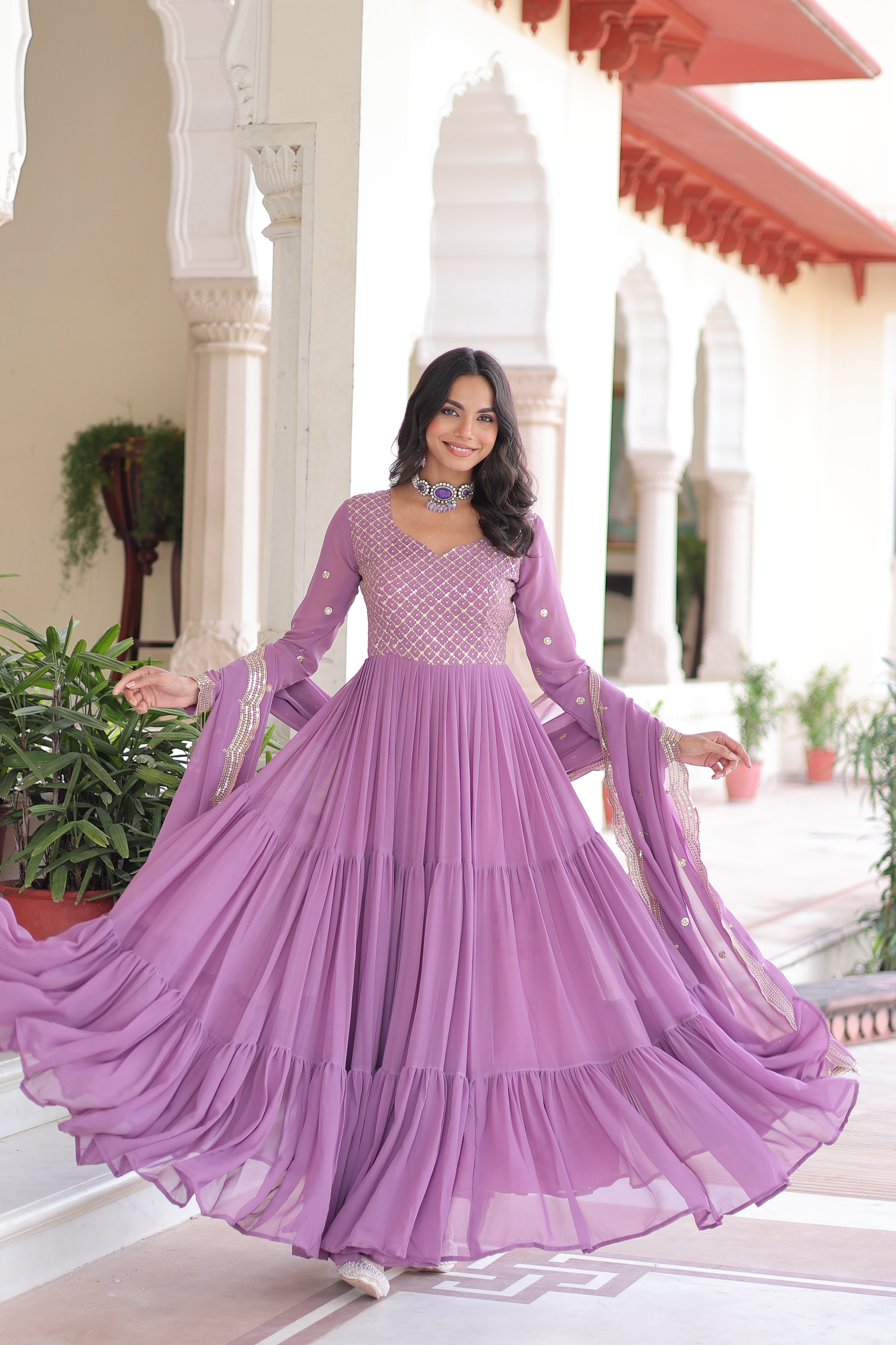 Georgette Zari Embroidered Gown With Dupatta