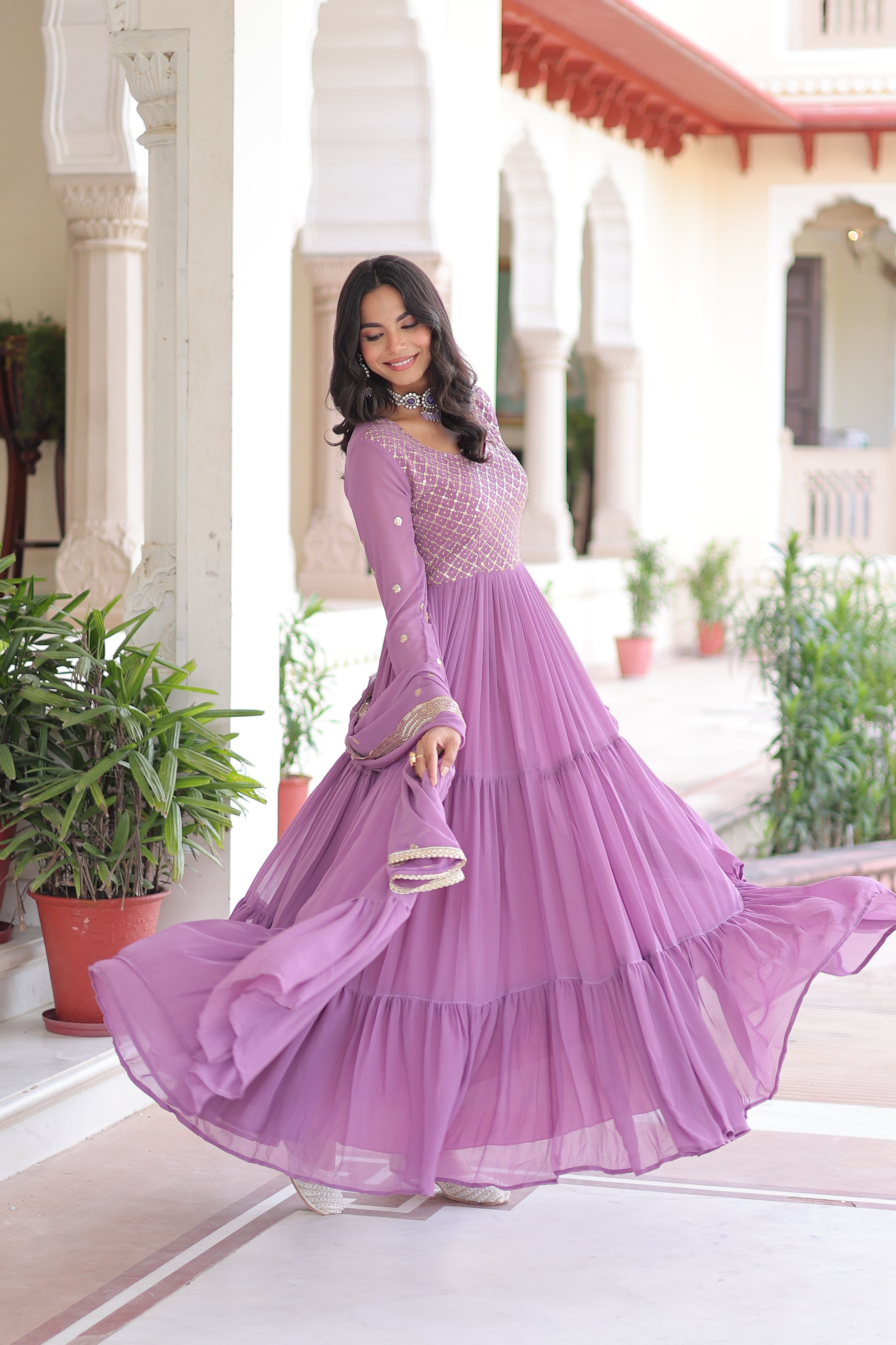 Georgette Zari Embroidered Gown With Dupatta