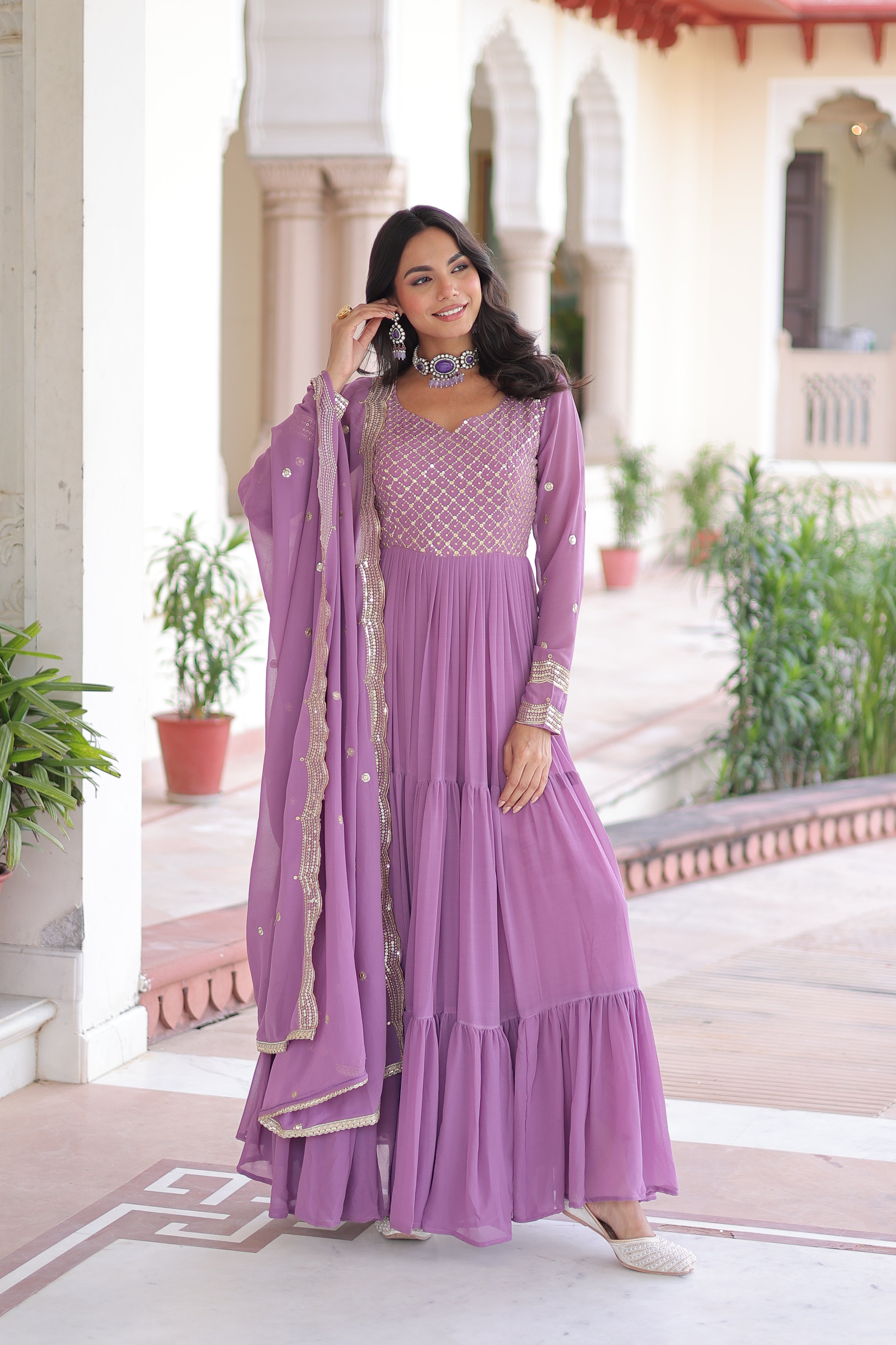 Georgette Zari Embroidered Gown With Dupatta