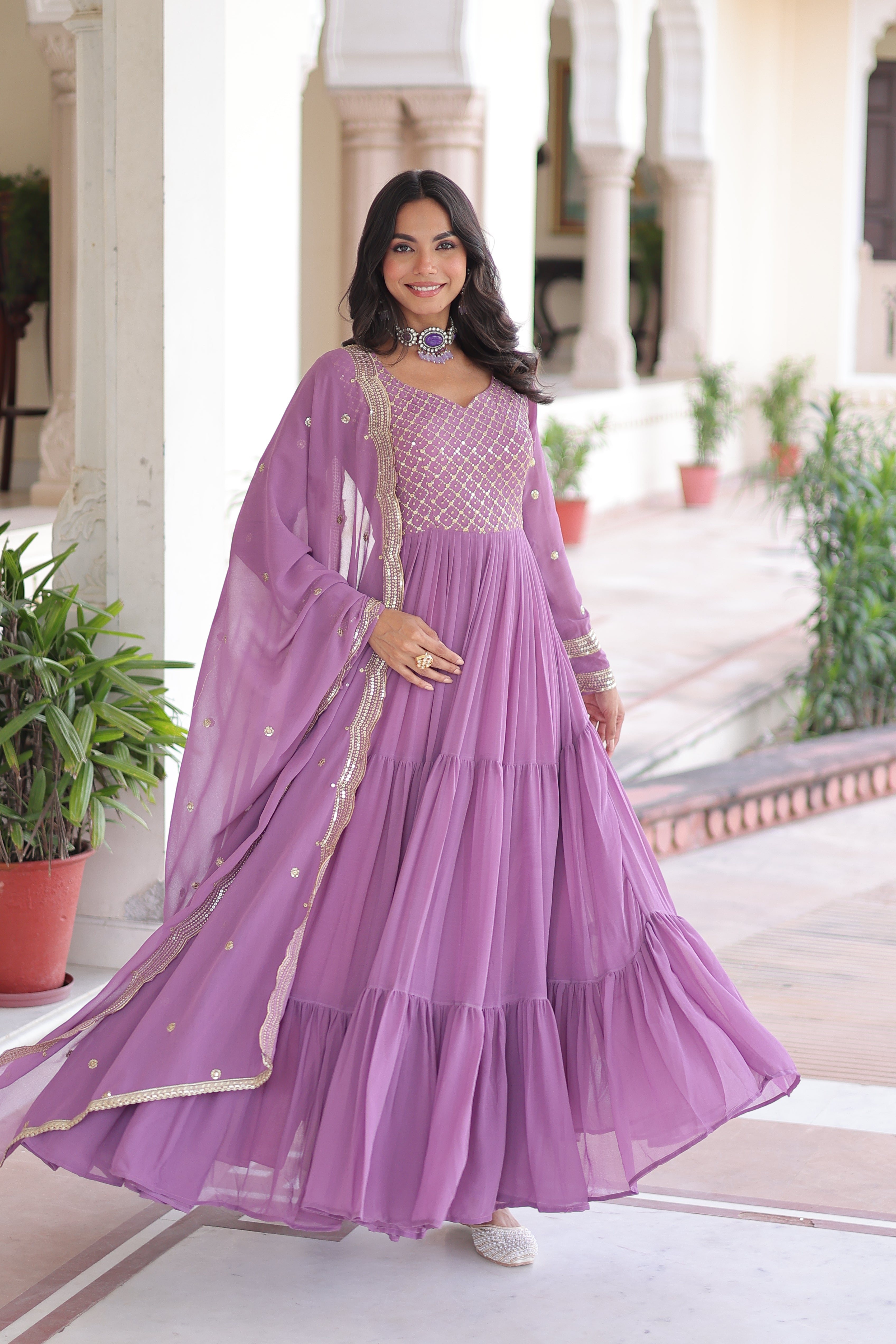 Georgette Zari Embroidered Gown With Dupatta
