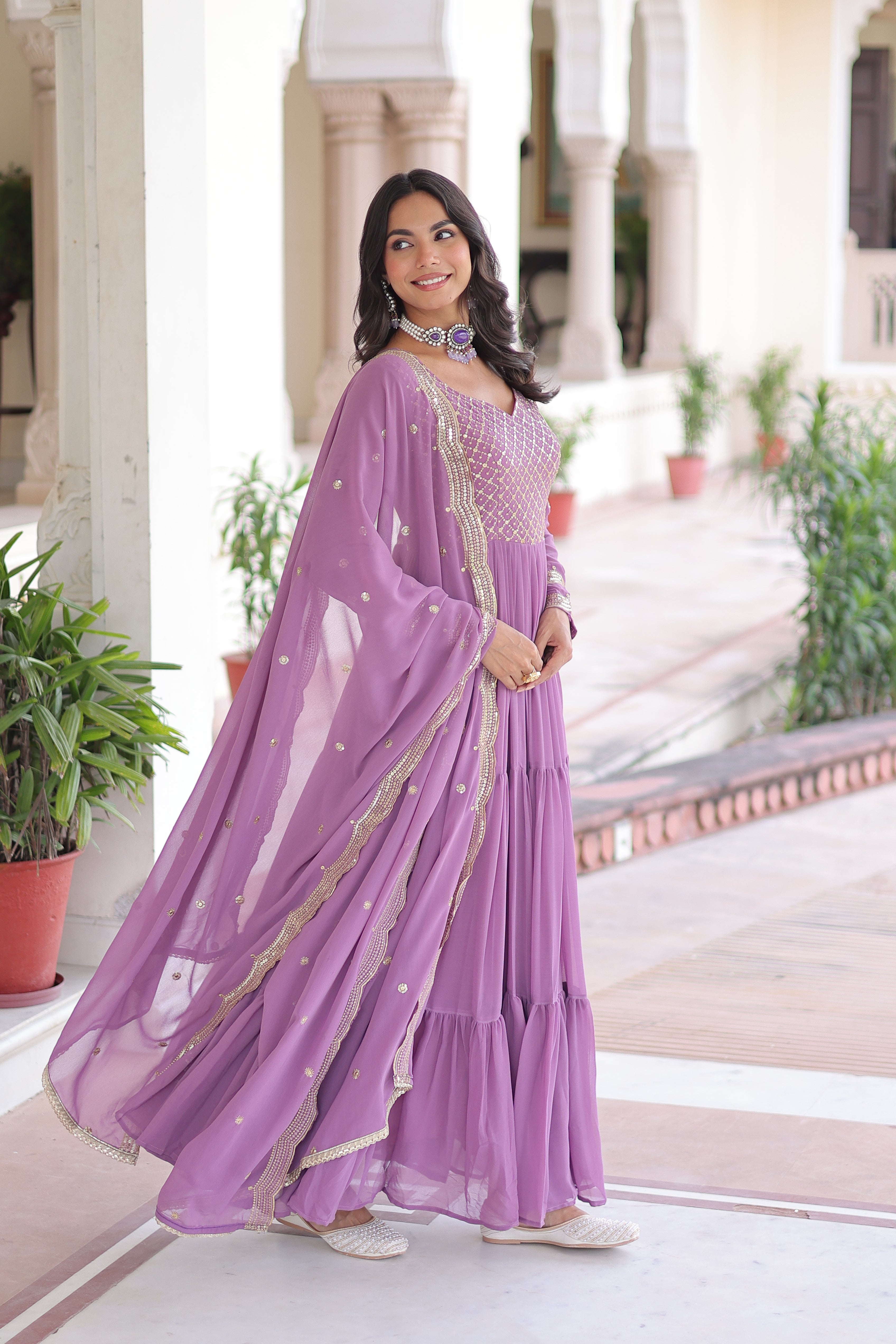 Georgette Zari Embroidered Gown With Dupatta