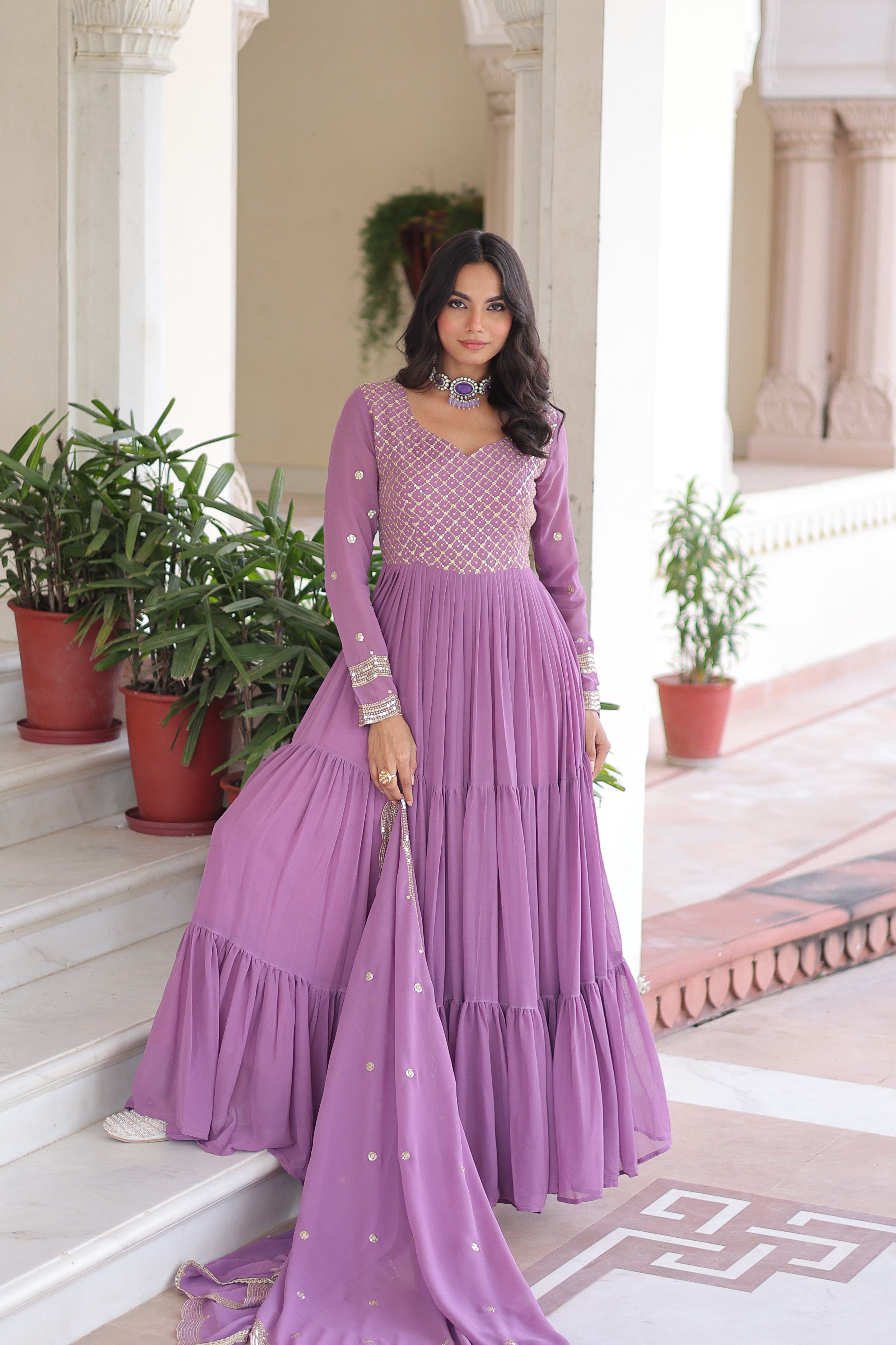Georgette Zari Embroidered Gown With Dupatta