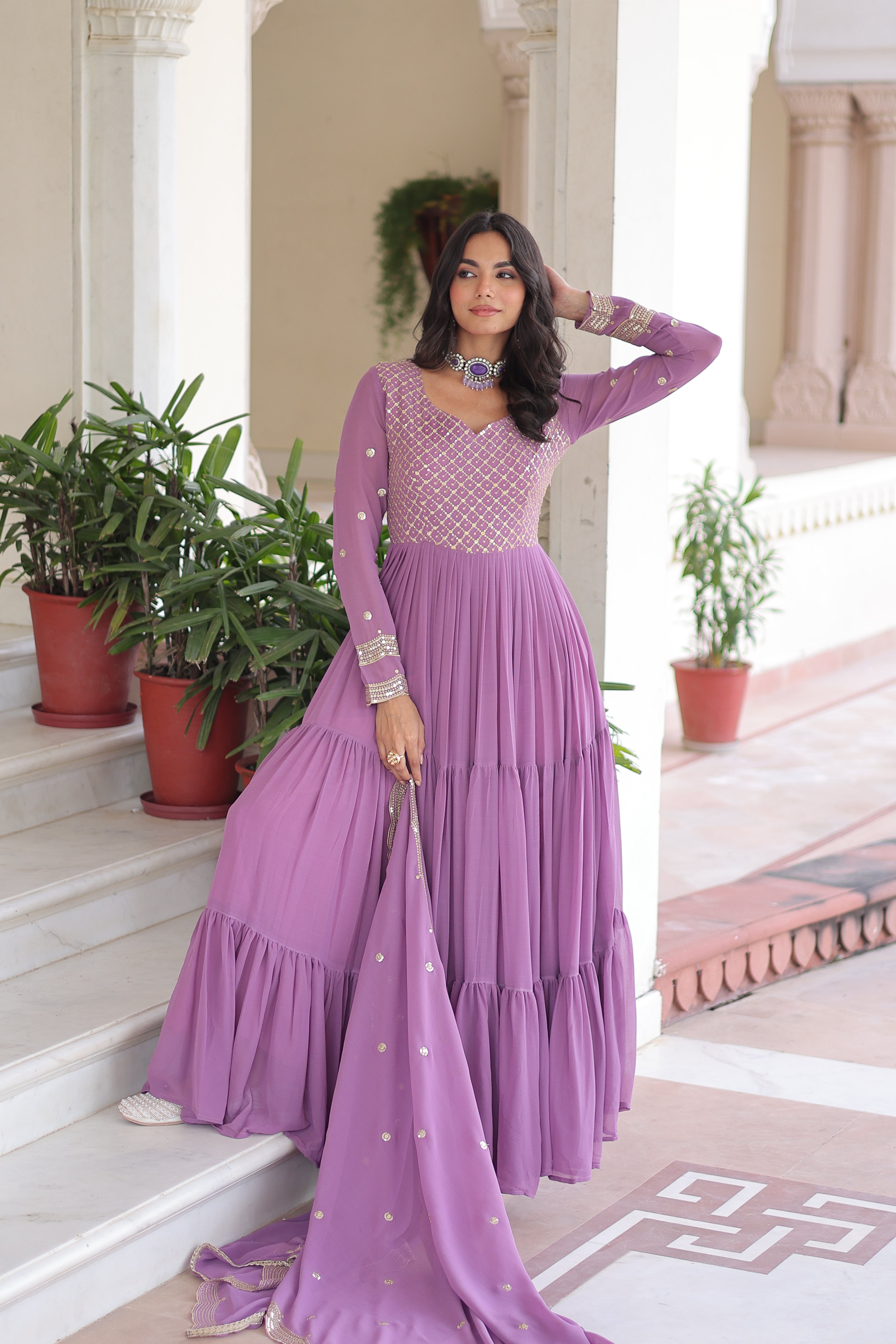 Georgette Zari Embroidered Gown With Dupatta