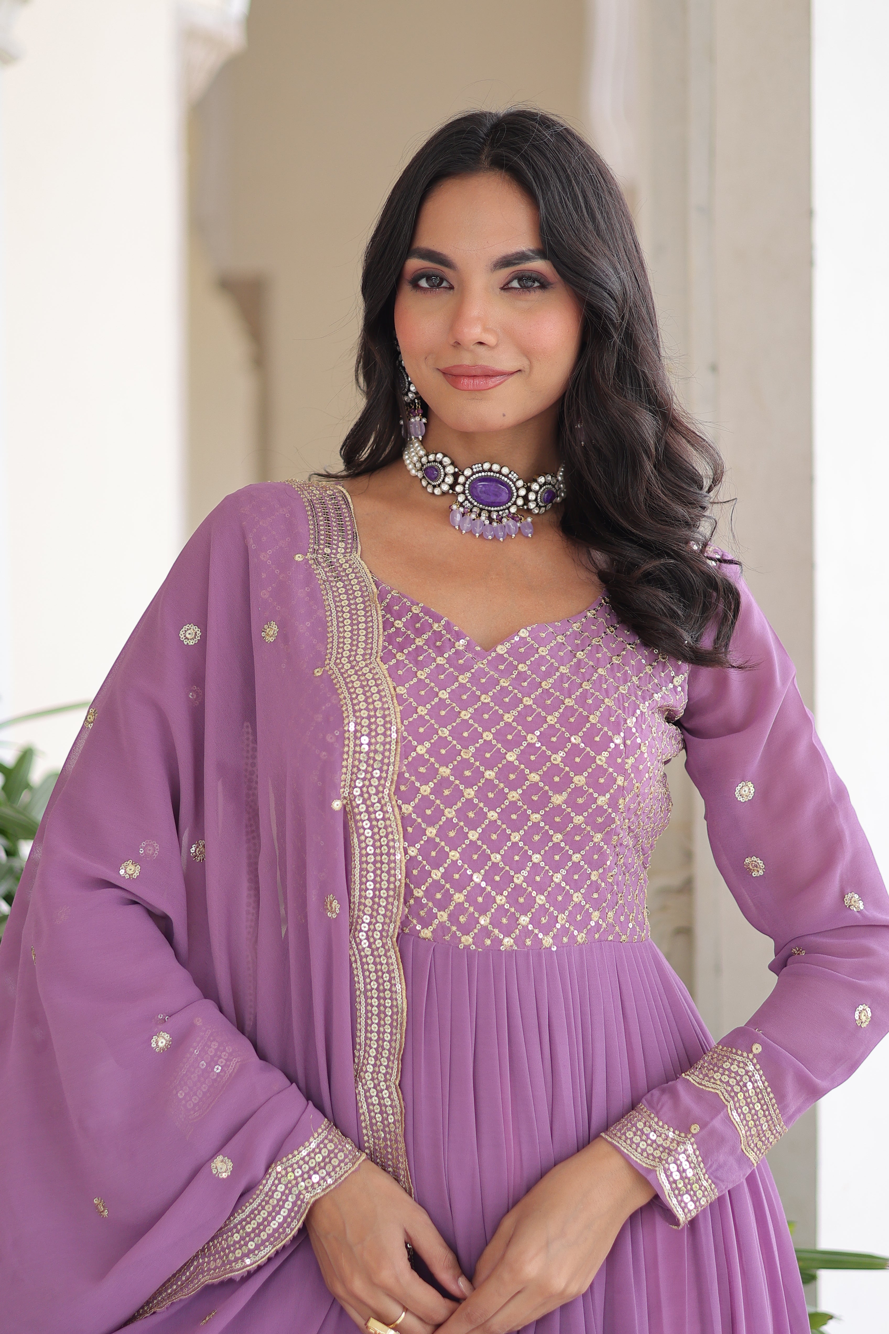 Georgette Zari Embroidered Gown With Dupatta