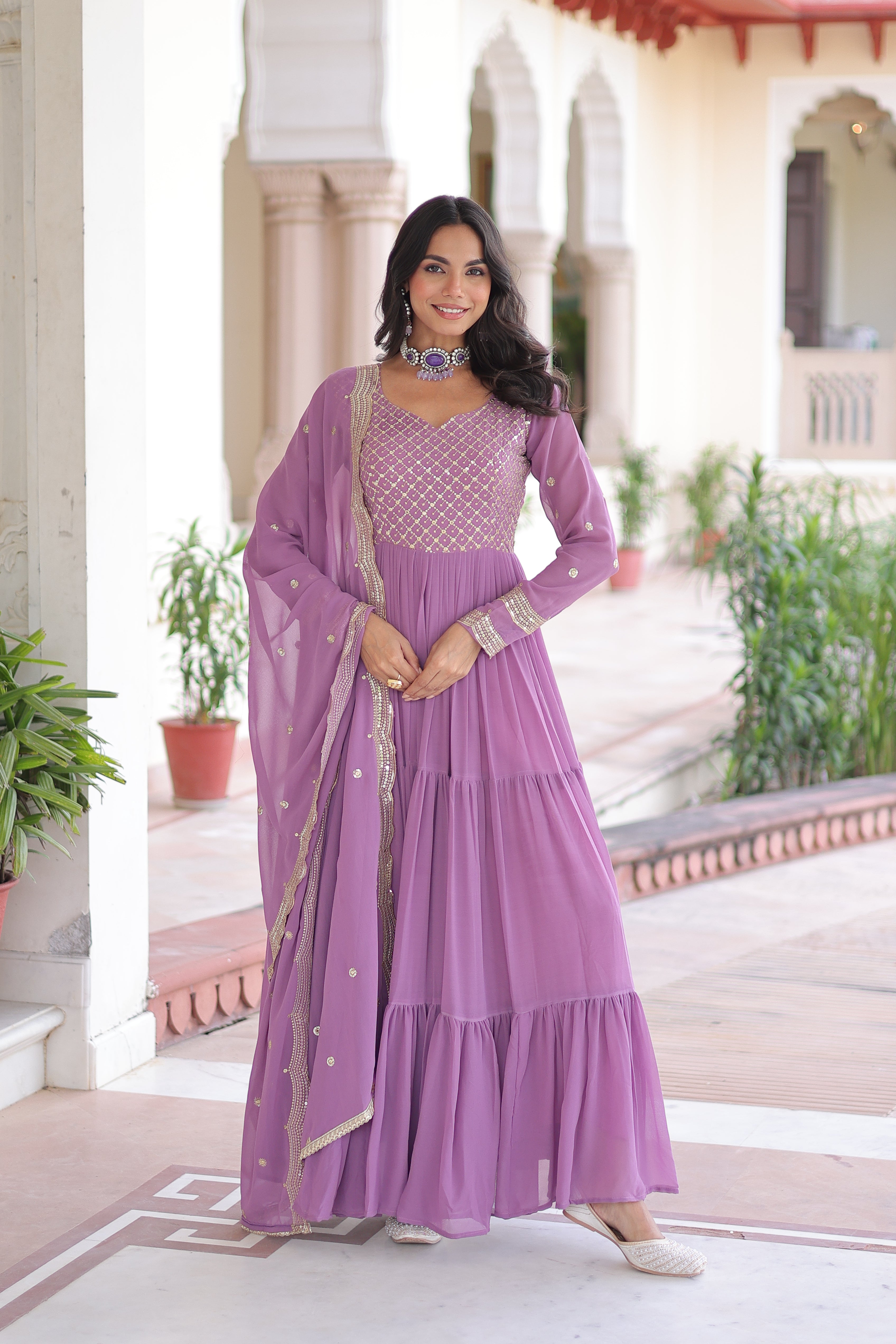 Georgette Zari Embroidered Gown With Dupatta