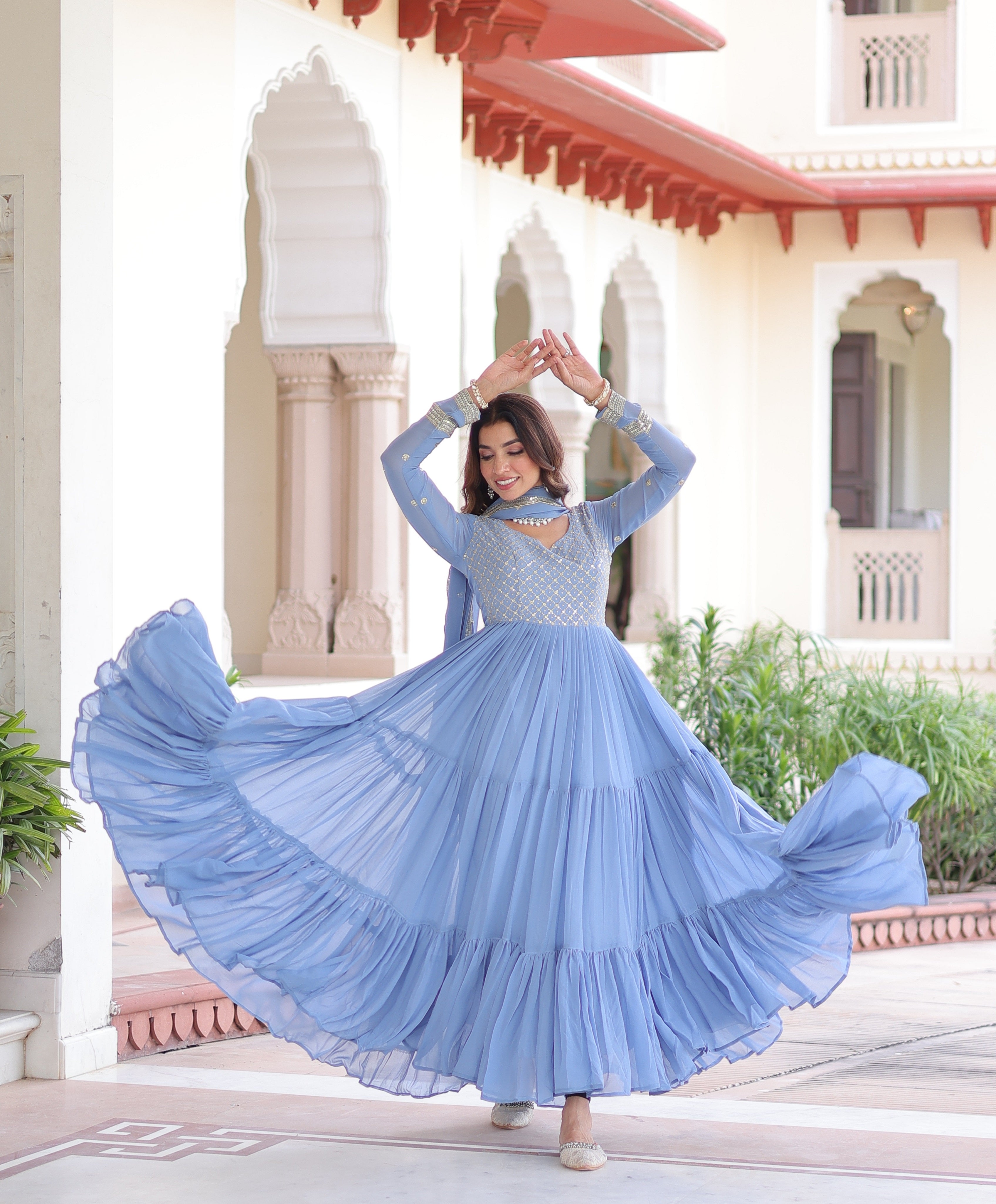 Georgette Zari Embroidered Gown With Dupatta