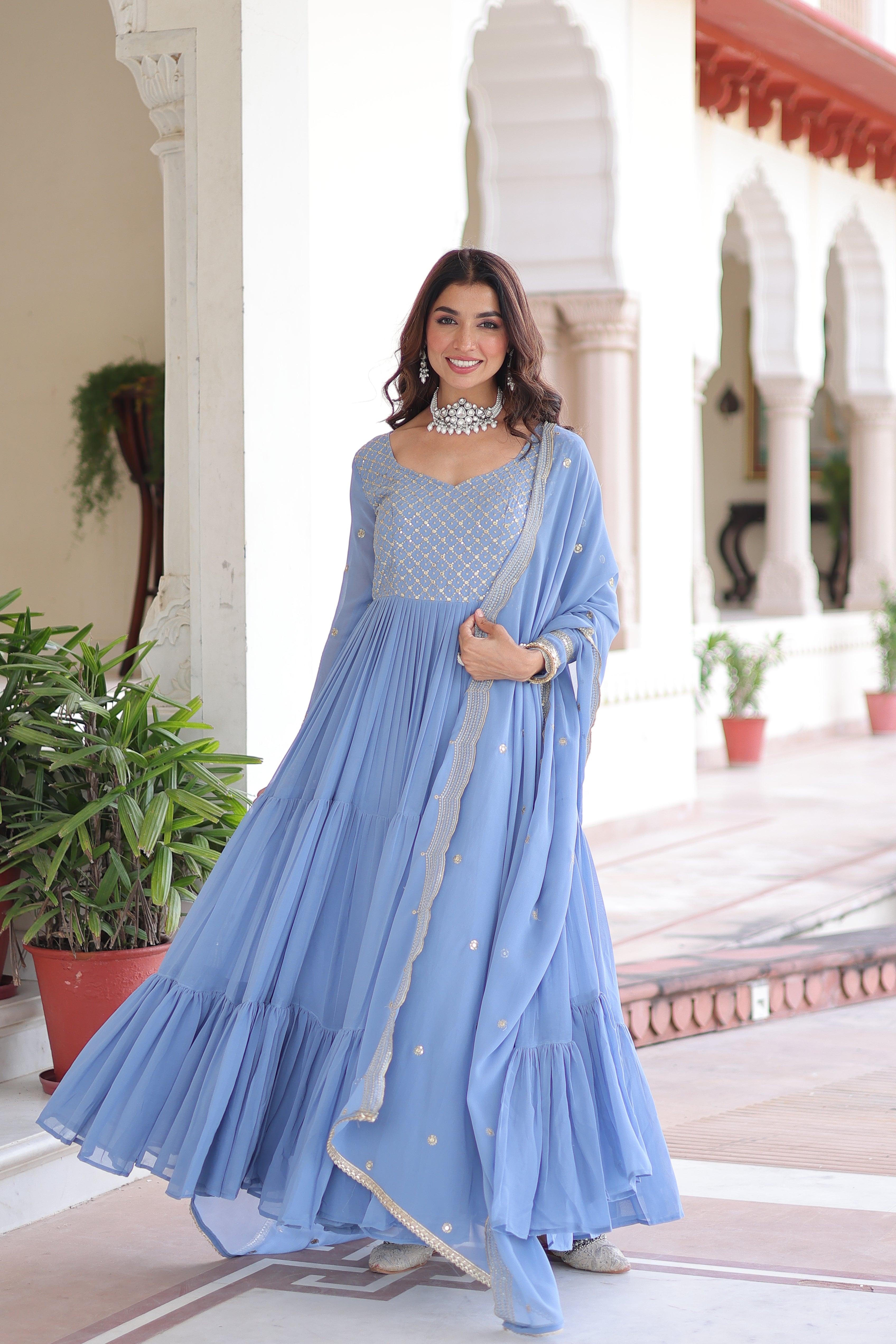 Georgette Zari Embroidered Gown With Dupatta