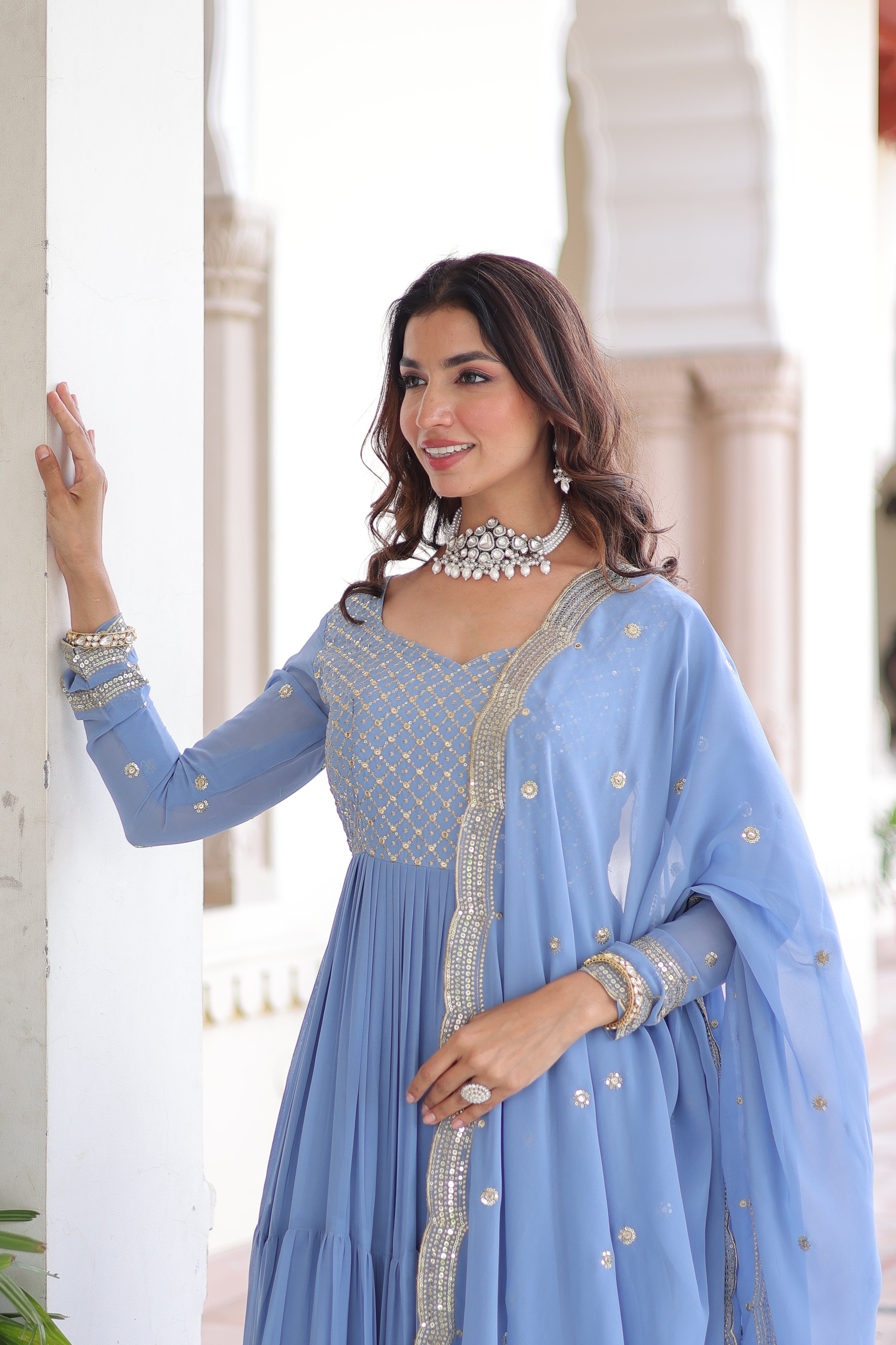 Georgette Zari Embroidered Gown With Dupatta