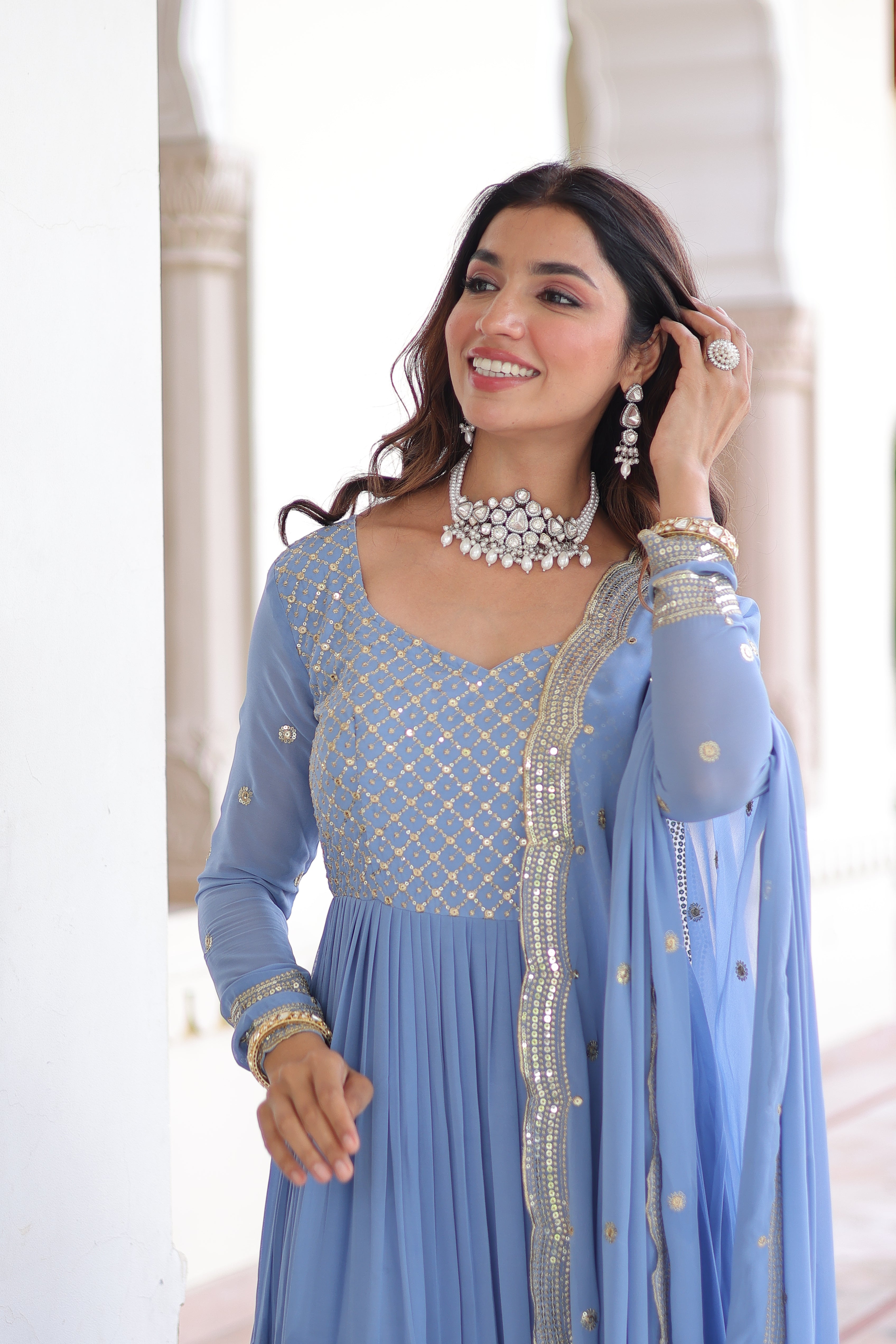 Georgette Zari Embroidered Gown With Dupatta