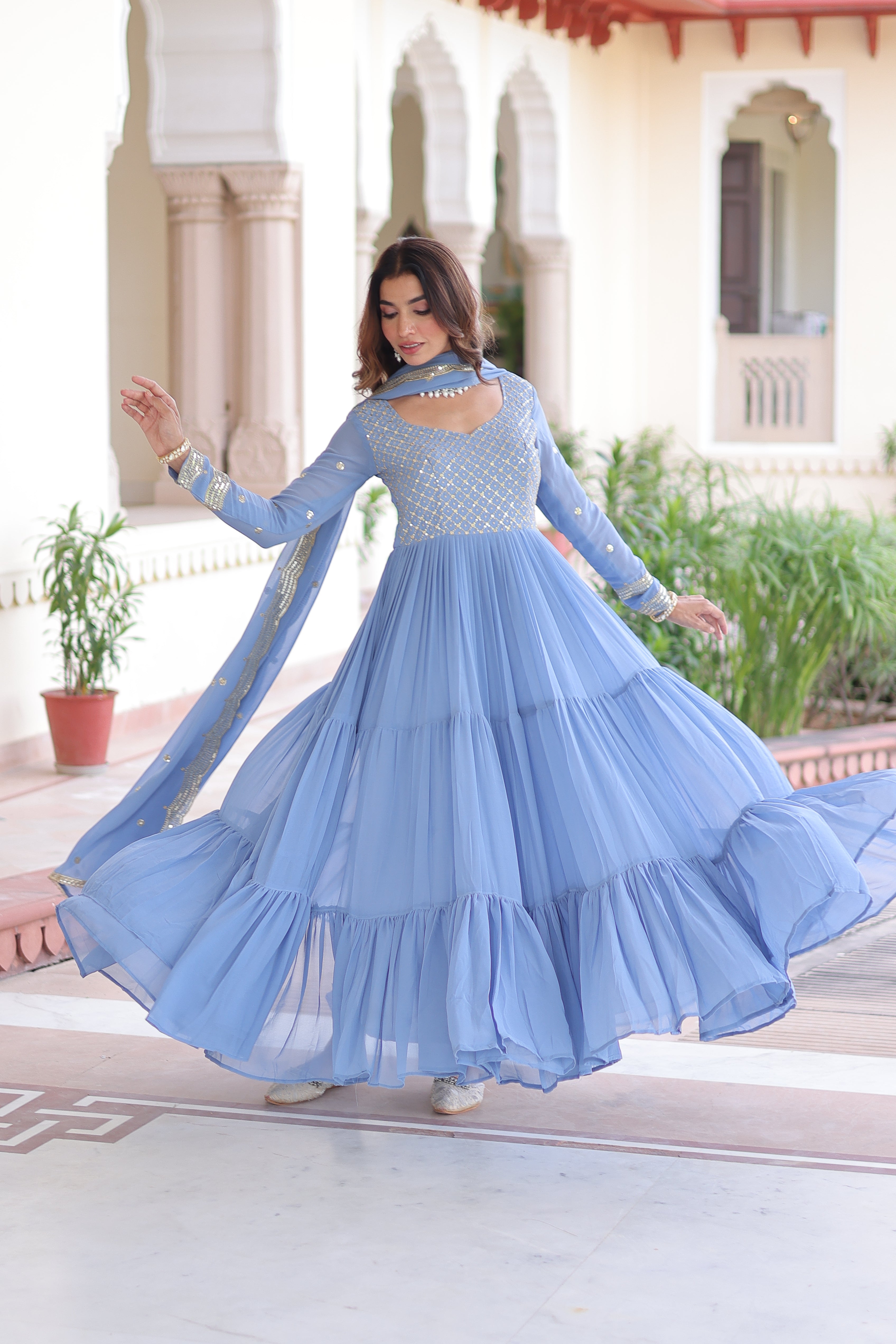 Georgette Zari Embroidered Gown With Dupatta