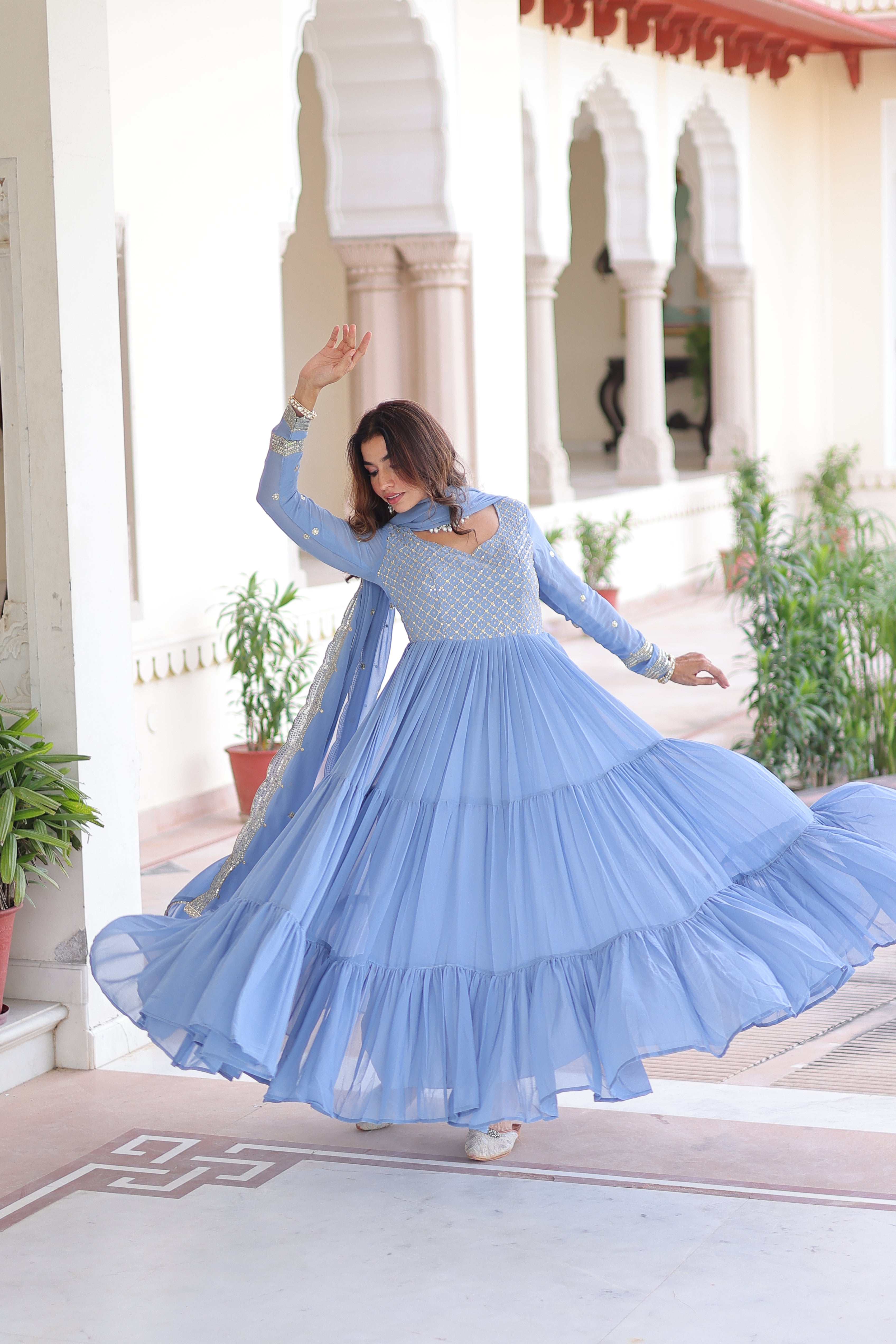 Georgette Zari Embroidered Gown With Dupatta
