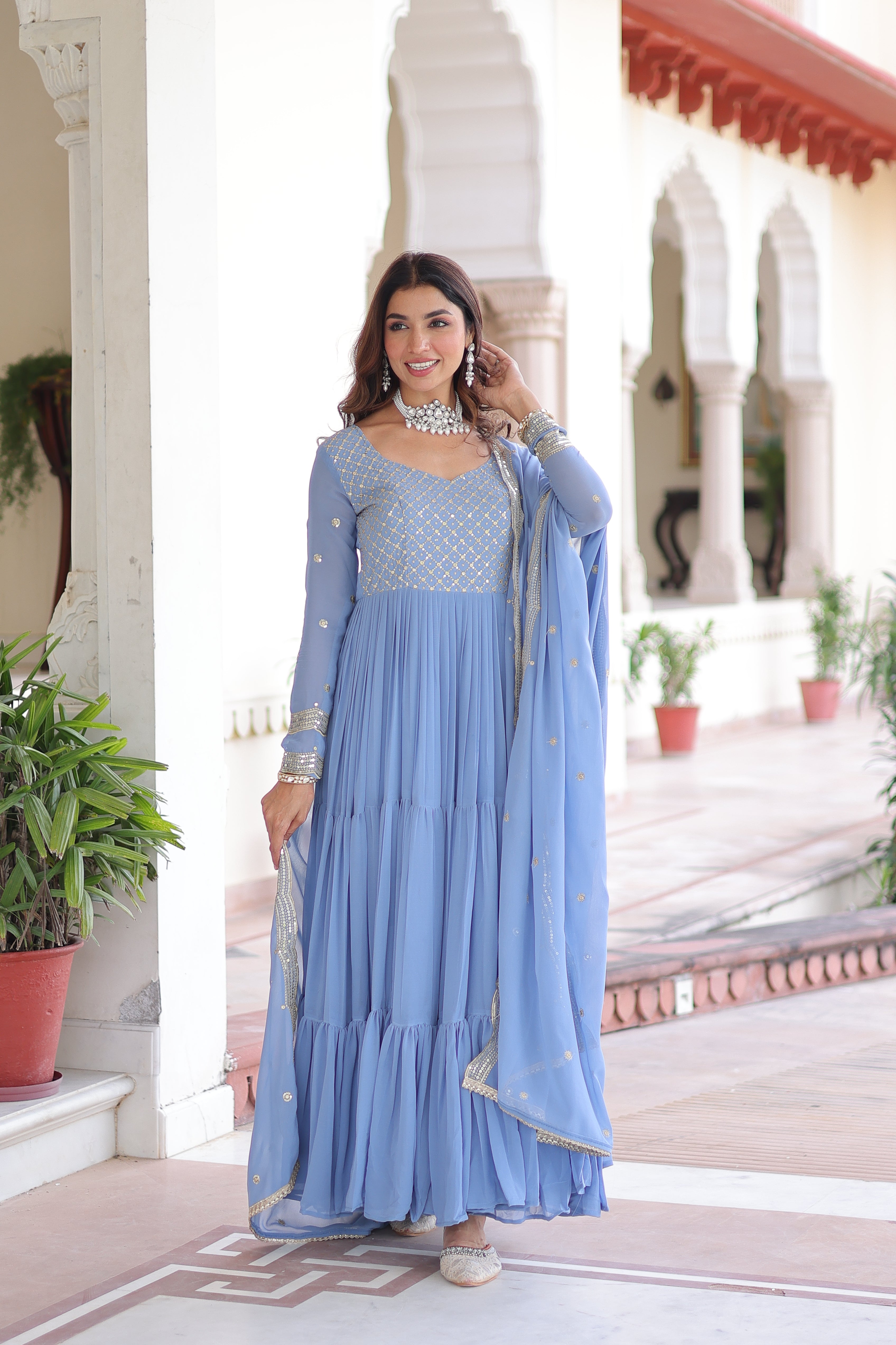 Georgette Zari Embroidered Gown With Dupatta